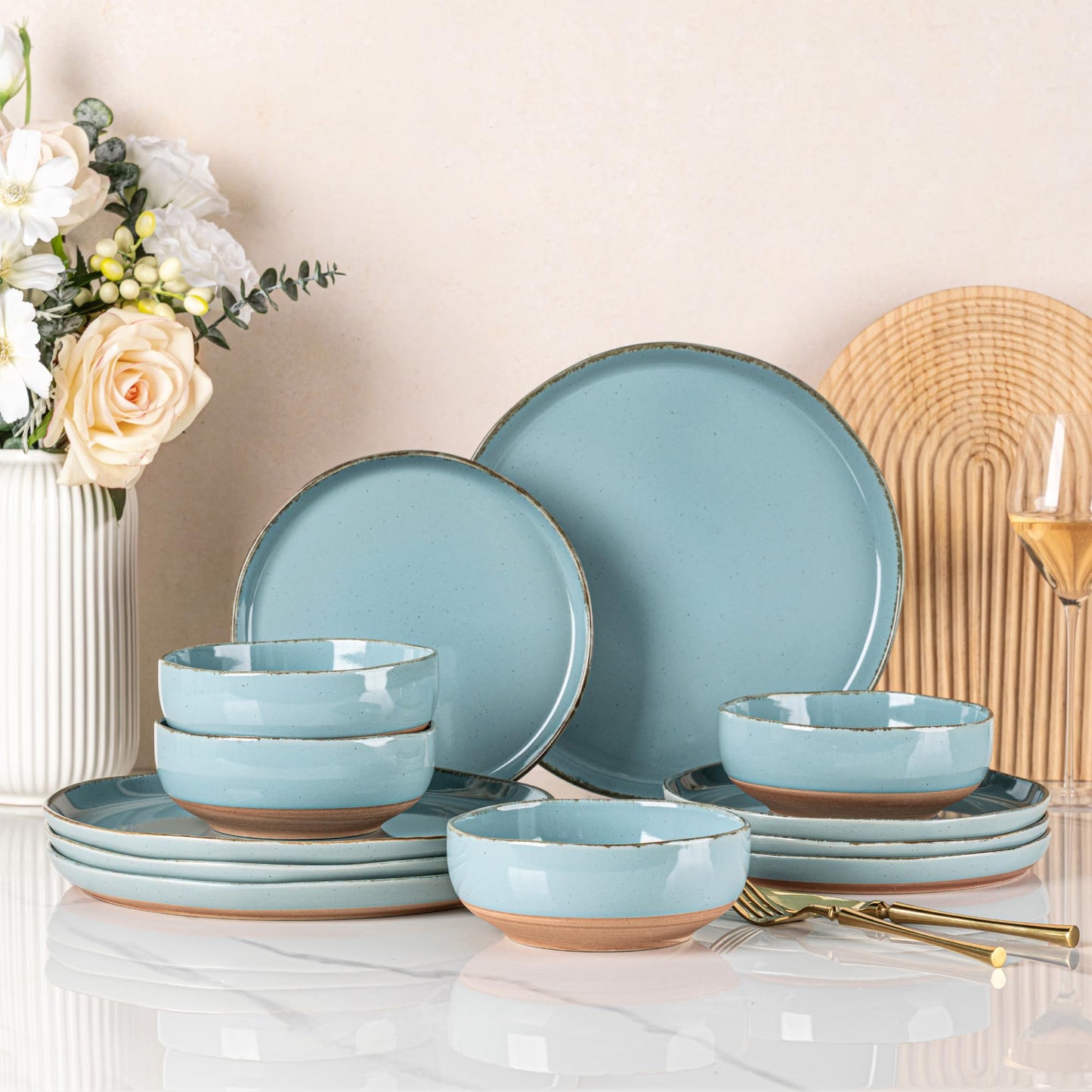 AmorArc Ceramic Dinnerware Sets for 4, 12 Pieces Handpainted Plates and Bowls Set with Rustic Terracotta Underside, Scratch Resistant Stoneware Dishes Set, Dishwasher & Microwave Safe, Gray