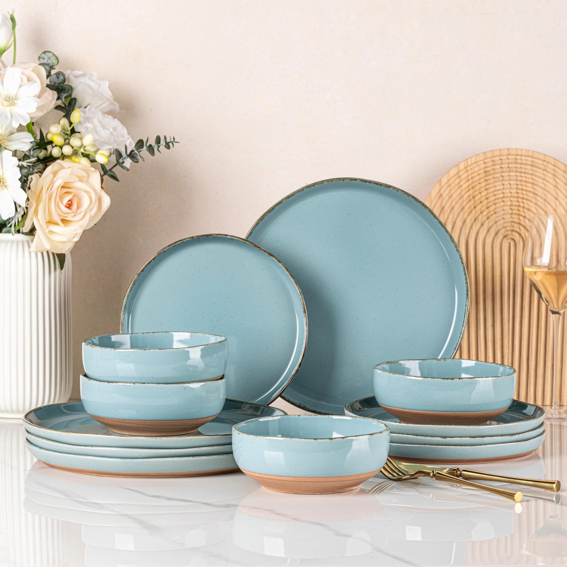 AmorArc Ceramic Dinnerware Sets for 4, 12 Pieces Handpainted Plates and Bowls Set with Rustic Terracotta Underside, Scratch Resistant Stoneware Dishes Set, Dishwasher & Microwave Safe, Gray