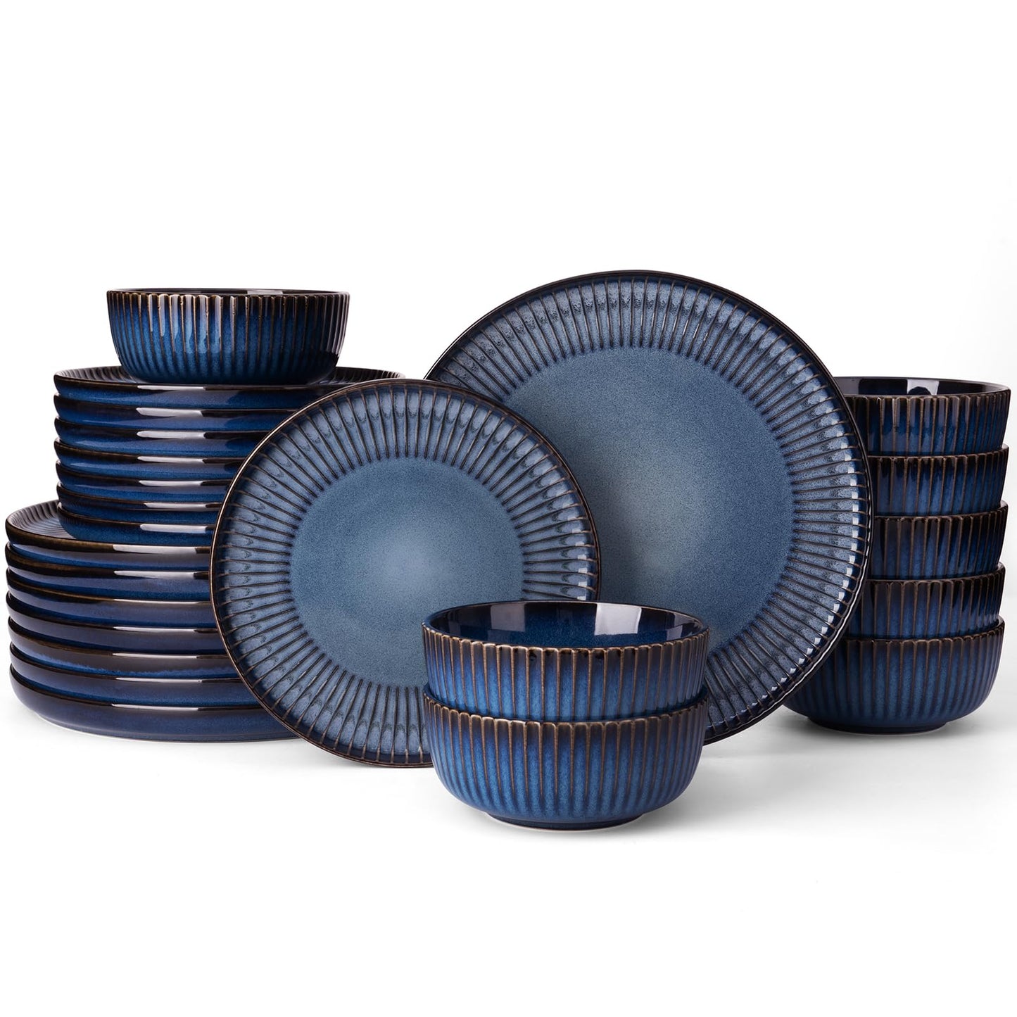Famiware Star Dinnerware Sets, Plates and Bowls Set for 4, 12 Pieces Ribbed Dishes - Chip and Scratch Resistant, Microwave and Dishwasher Safe Tableware, Smoky Blue