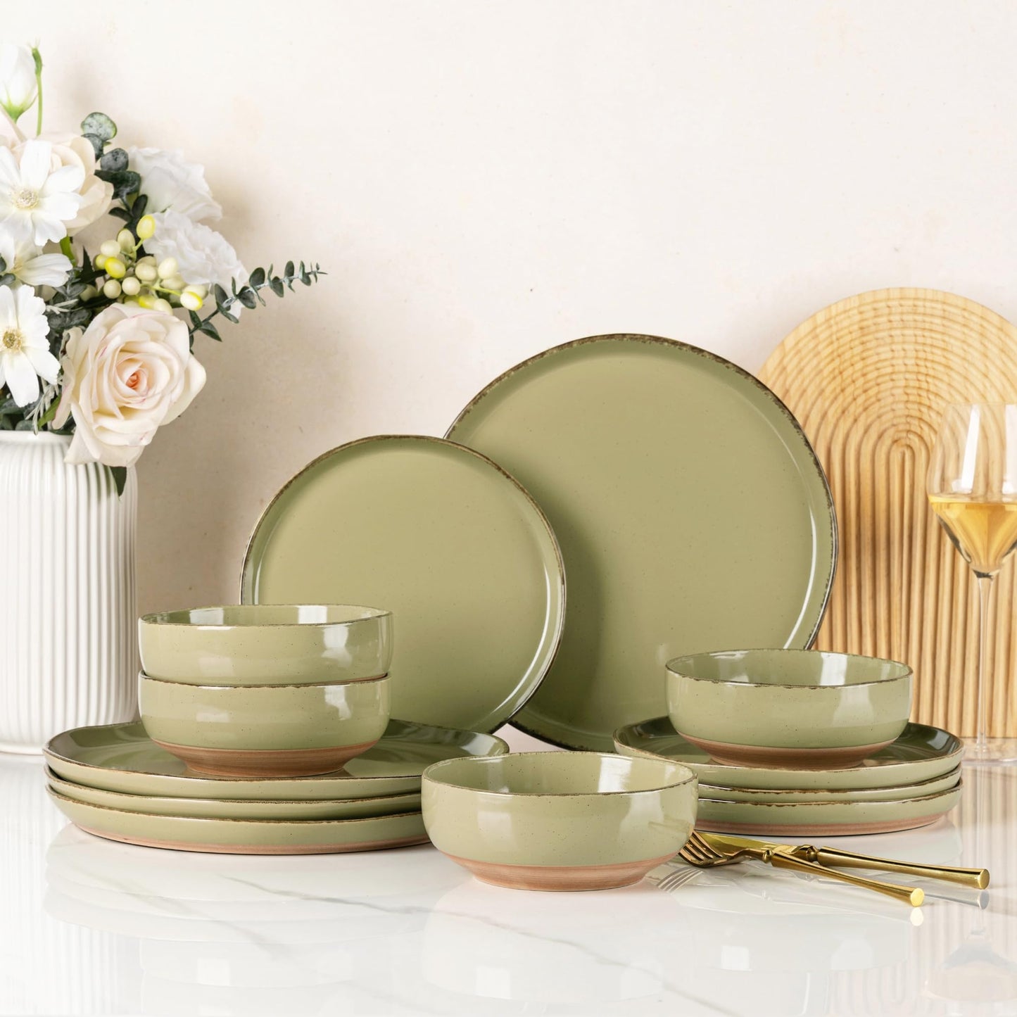 AmorArc Ceramic Dinnerware Sets for 4, 12 Pieces Handpainted Plates and Bowls Set with Rustic Terracotta Underside, Scratch Resistant Stoneware Dishes Set, Dishwasher & Microwave Safe, Gray