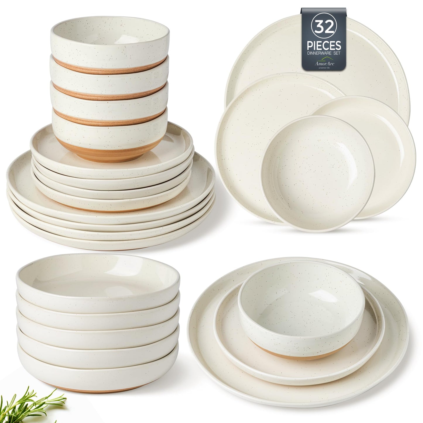 AmorArc Ceramic Dinnerware Sets for 4, 12 Pieces Handpainted Plates and Bowls Set with Rustic Terracotta Underside, Scratch Resistant Stoneware Dishes Set, Dishwasher & Microwave Safe, Gray