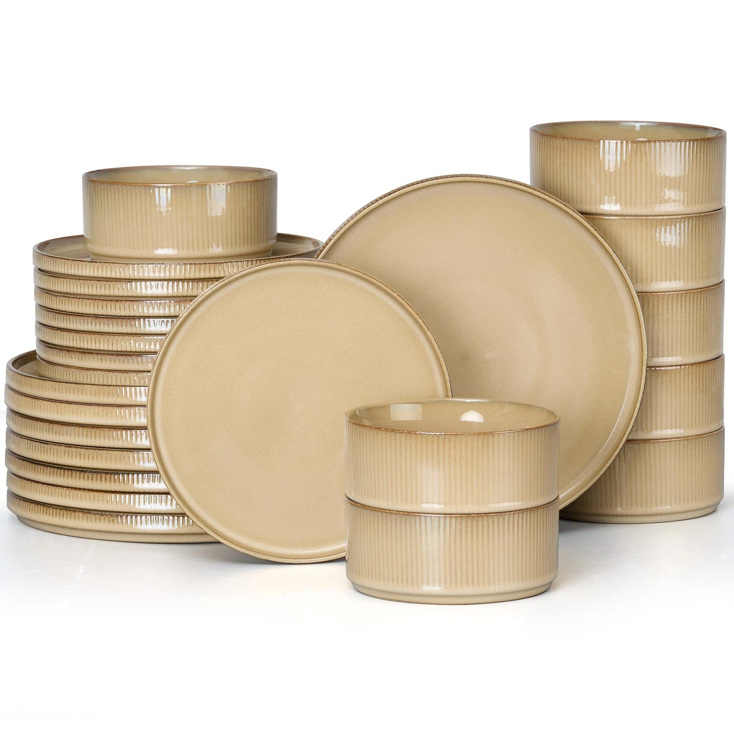 E-far 12-Piece Plates and Bowls Sets, Stoneware Dinnerware Dishes Sets for 4, Kitchen Modern Dining Dishware, Chip & Scratch Resistant, Microwave & Dishwasher Safe, Creamy Beige