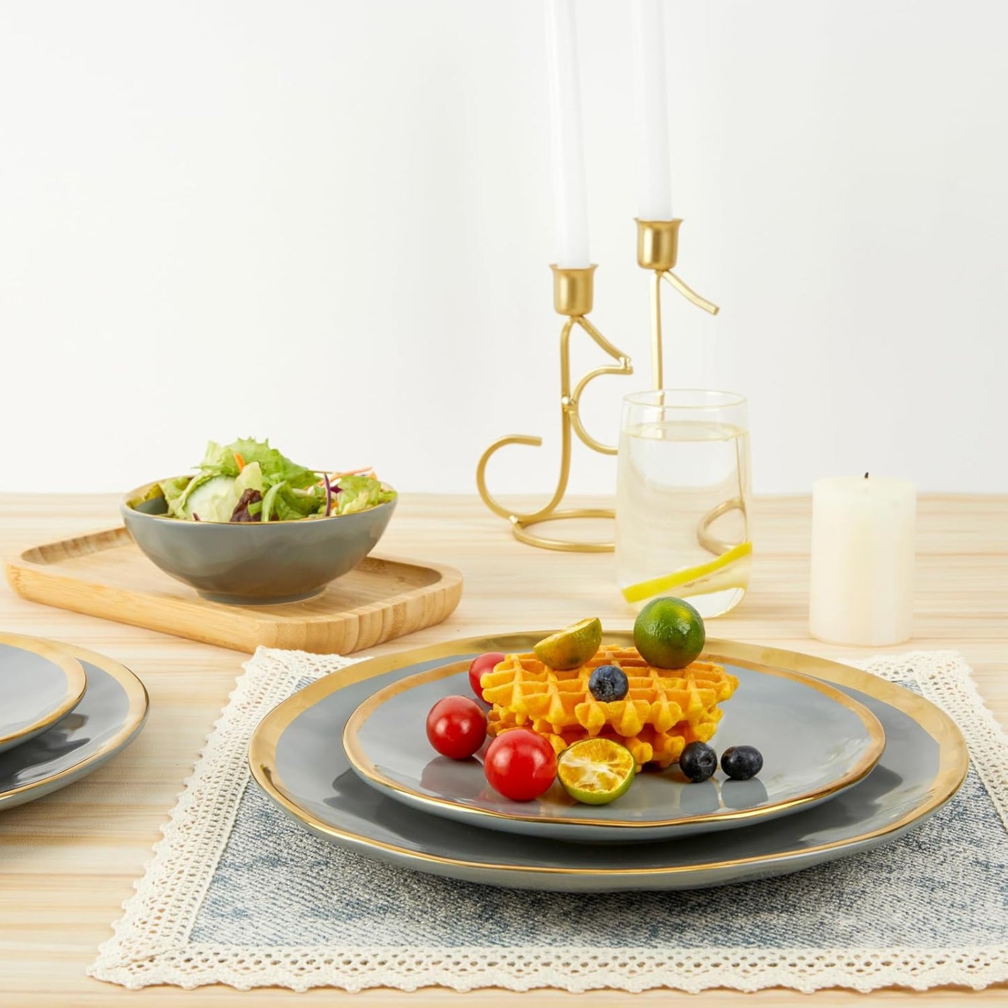 Porcelain Luxury Dinnerware Sets, Modern Plates and Bowls Sets for 4, Highly Chip and Crack Resistant, Grey and Gold Rim China Dishes Set for Wedding Anniversary