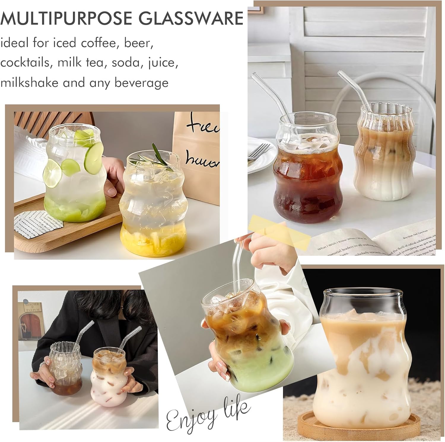 Ribbed Glass Cups Set of 4: 18OZ Vintage Aesthetic Iced Coffee Glasses with Straws, Cute Drinking Glasses with Wave Shape Design, Matcha Glass Cup Bubble Cups for Juice, Tea, Beverage, Gift