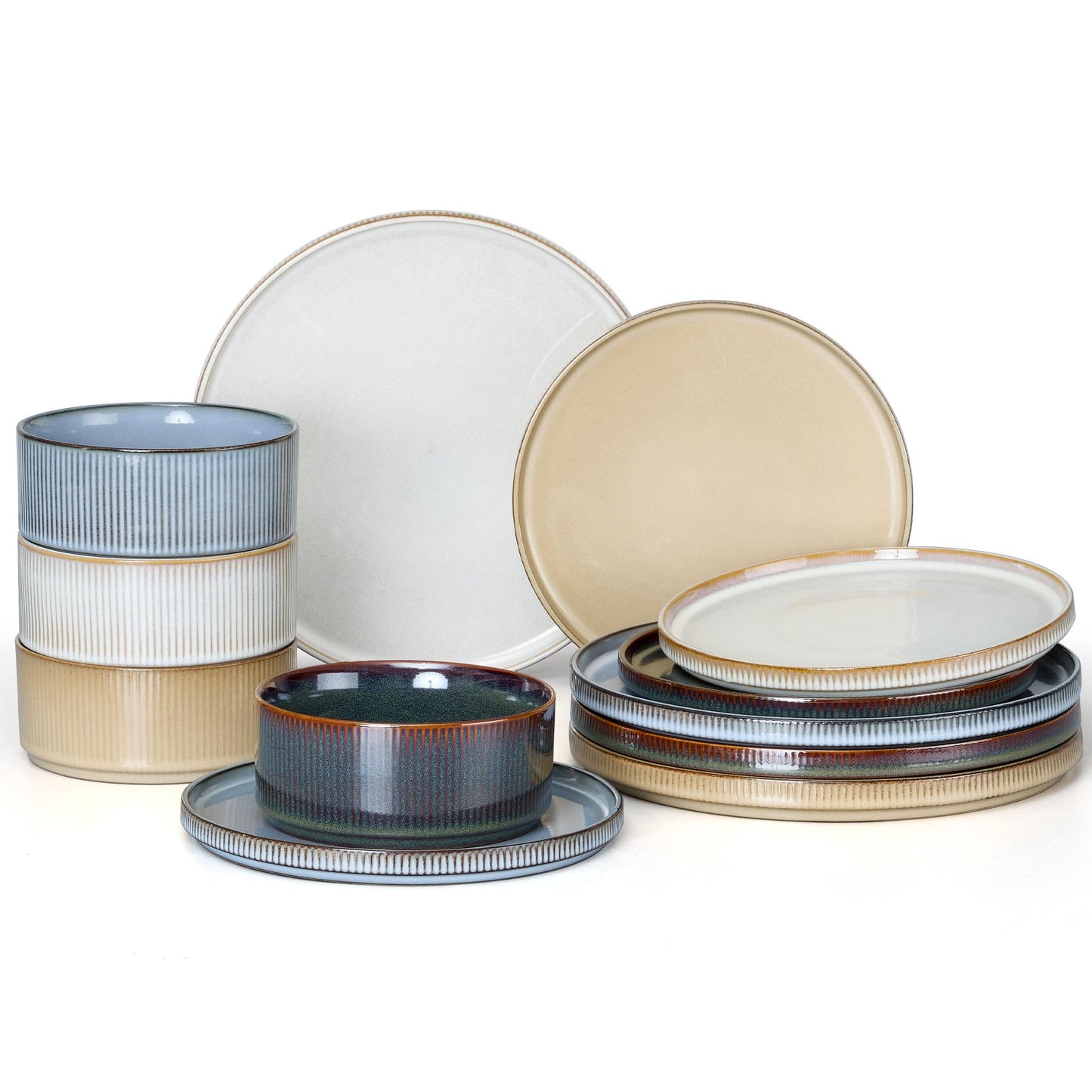 E-far 12-Piece Plates and Bowls Sets, Stoneware Dinnerware Dishes Sets for 4, Kitchen Modern Dining Dishware, Chip & Scratch Resistant, Microwave & Dishwasher Safe, Creamy Beige