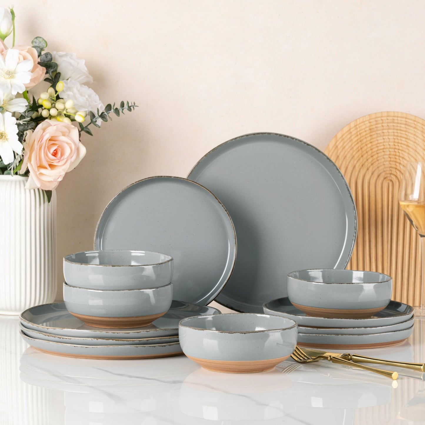 AmorArc Ceramic Dinnerware Sets for 4, 12 Pieces Handpainted Plates and Bowls Set with Rustic Terracotta Underside, Scratch Resistant Stoneware Dishes Set, Dishwasher & Microwave Safe, Gray