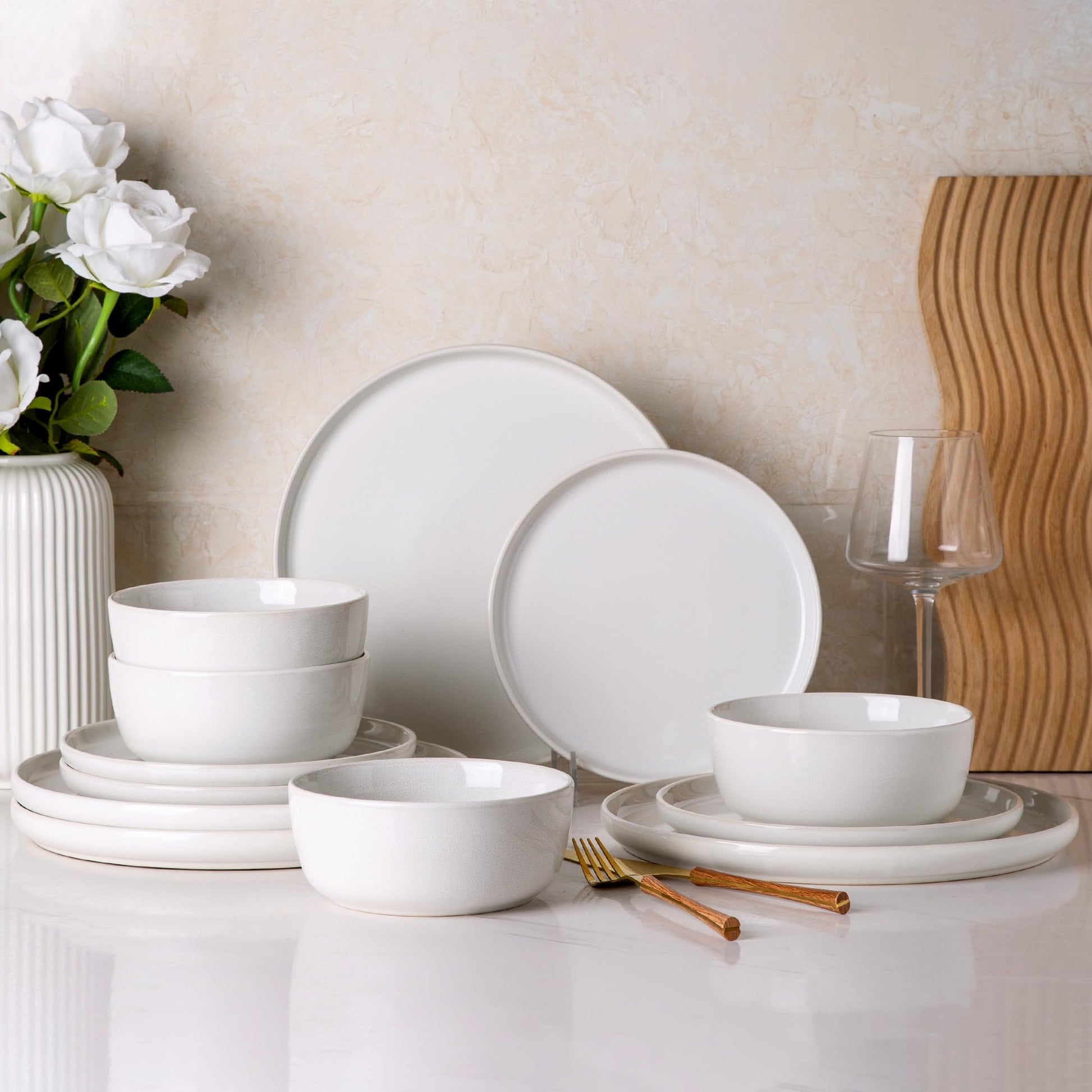 AmorArc Stoneware Dinnerware Sets,Round Reactive Glaze Ceramic Plates and Bowls Set,Highly Chip and Crack Resistant | Dishwasher & Microwave Safe Dishes,Service for 4 (12pc)
