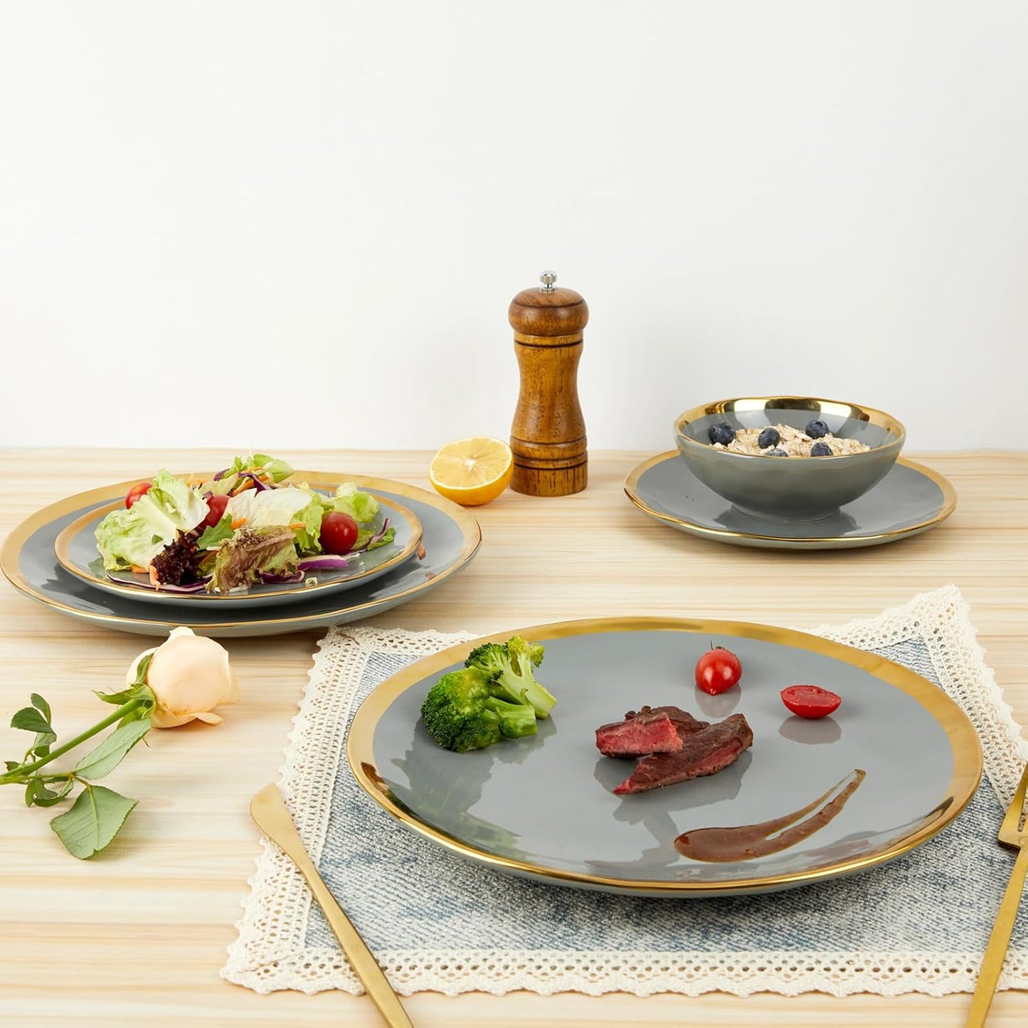 Porcelain Luxury Dinnerware Sets, Modern Plates and Bowls Sets for 4, Highly Chip and Crack Resistant, Grey and Gold Rim China Dishes Set for Wedding Anniversary