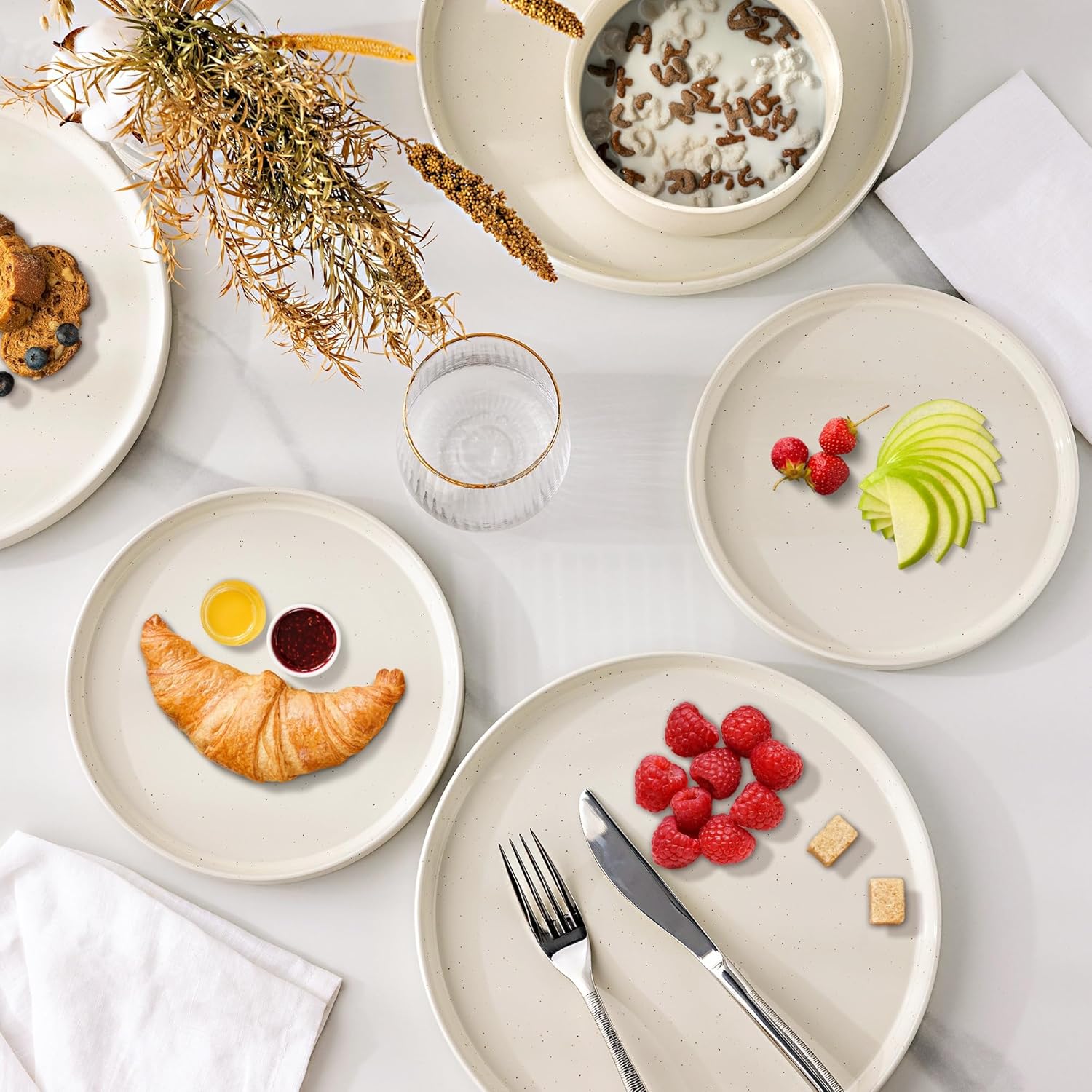 GBHOME Dinnerware Set for 4, 12 Piece Speckled Plates and Bowls Set with Glazed Bottom, Chip & Scratch Resistant Stoneware Plates Sets, Dishwasher & Microwave Safe Dishes (Light Beige, Service for 4)
