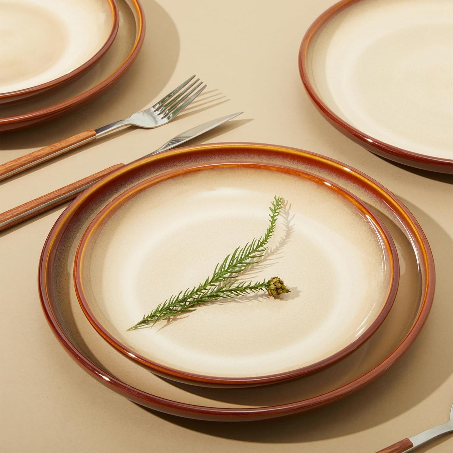 Stoneware Dinnerware Sets, Ceramic Plates and Bowls Set, Microwave & Dishwasher Safe Kitchen Dish Set, Modern Dinner Salad Plates | Cereal Bowls for 4, Dishware Sets Brown Yellow