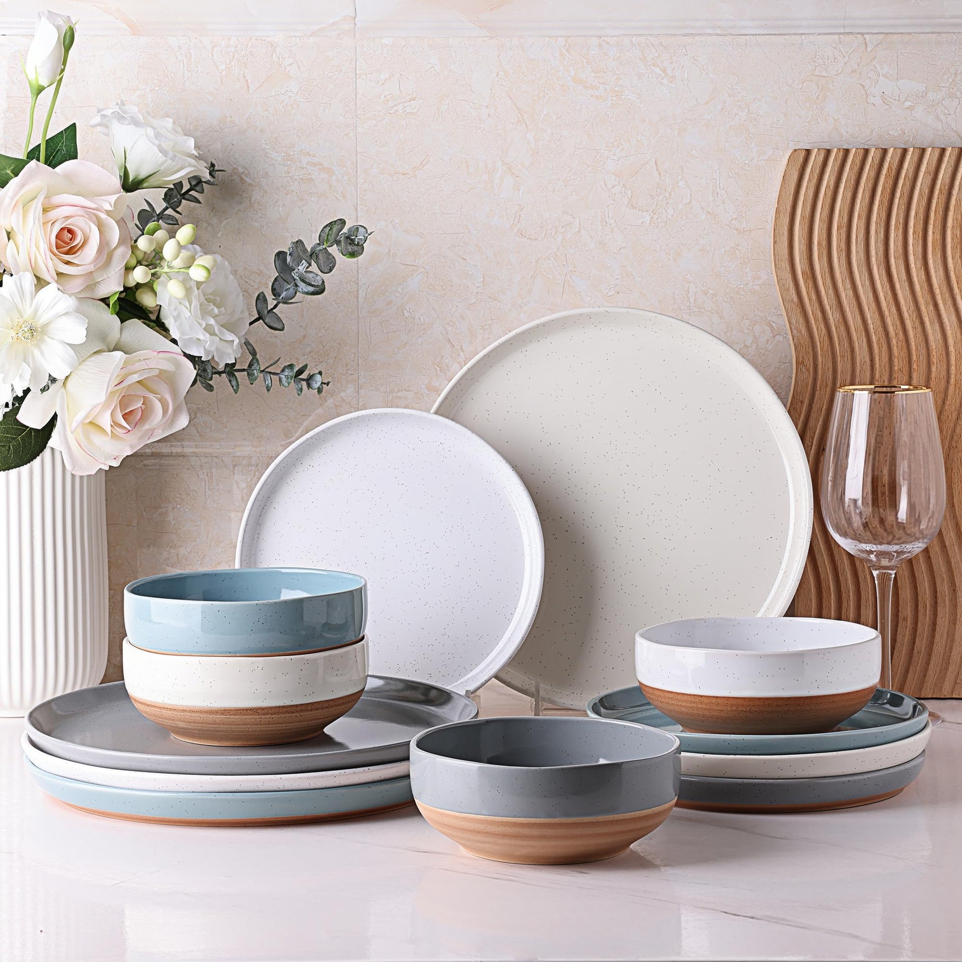 AmorArc Ceramic Dinnerware Sets for 4, 12 Pieces Handpainted Plates and Bowls Set with Rustic Terracotta Underside, Scratch Resistant Stoneware Dishes Set, Dishwasher & Microwave Safe, Gray
