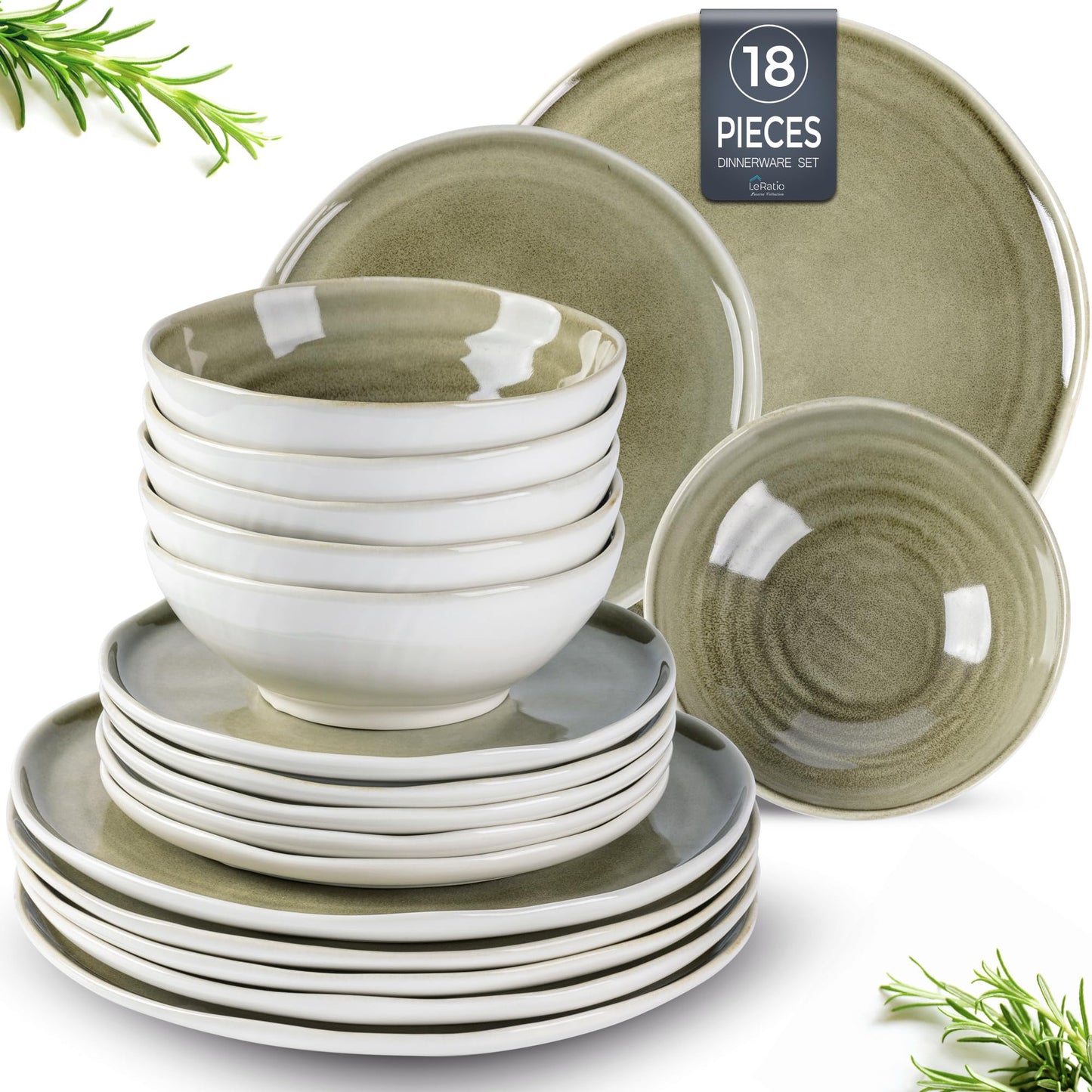 LeRatio Ceramic Dinnerware Sets for 4,12-Piece Plates and Bowls,Handmade Reactive Glaze Dishes Set,Chip Resistant and Scratch Resistant | Oven Dishwasher & Microwave Safe,Service for 4-Kahki