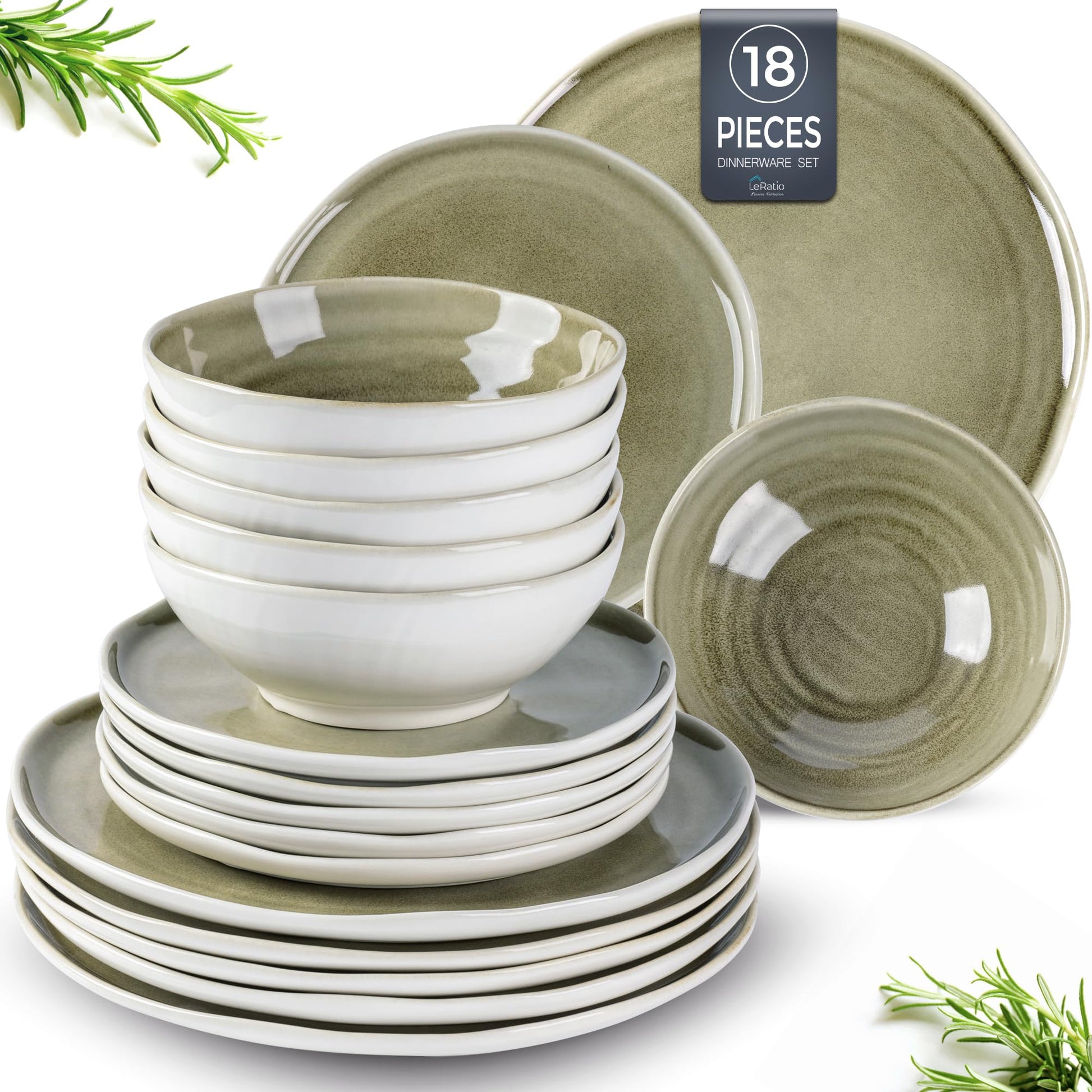LeRatio Ceramic Dinnerware Sets for 4,12-Piece Plates and Bowls,Handmade Reactive Glaze Dishes Set,Chip Resistant and Scratch Resistant | Oven Dishwasher & Microwave Safe,Service for 4-Kahki