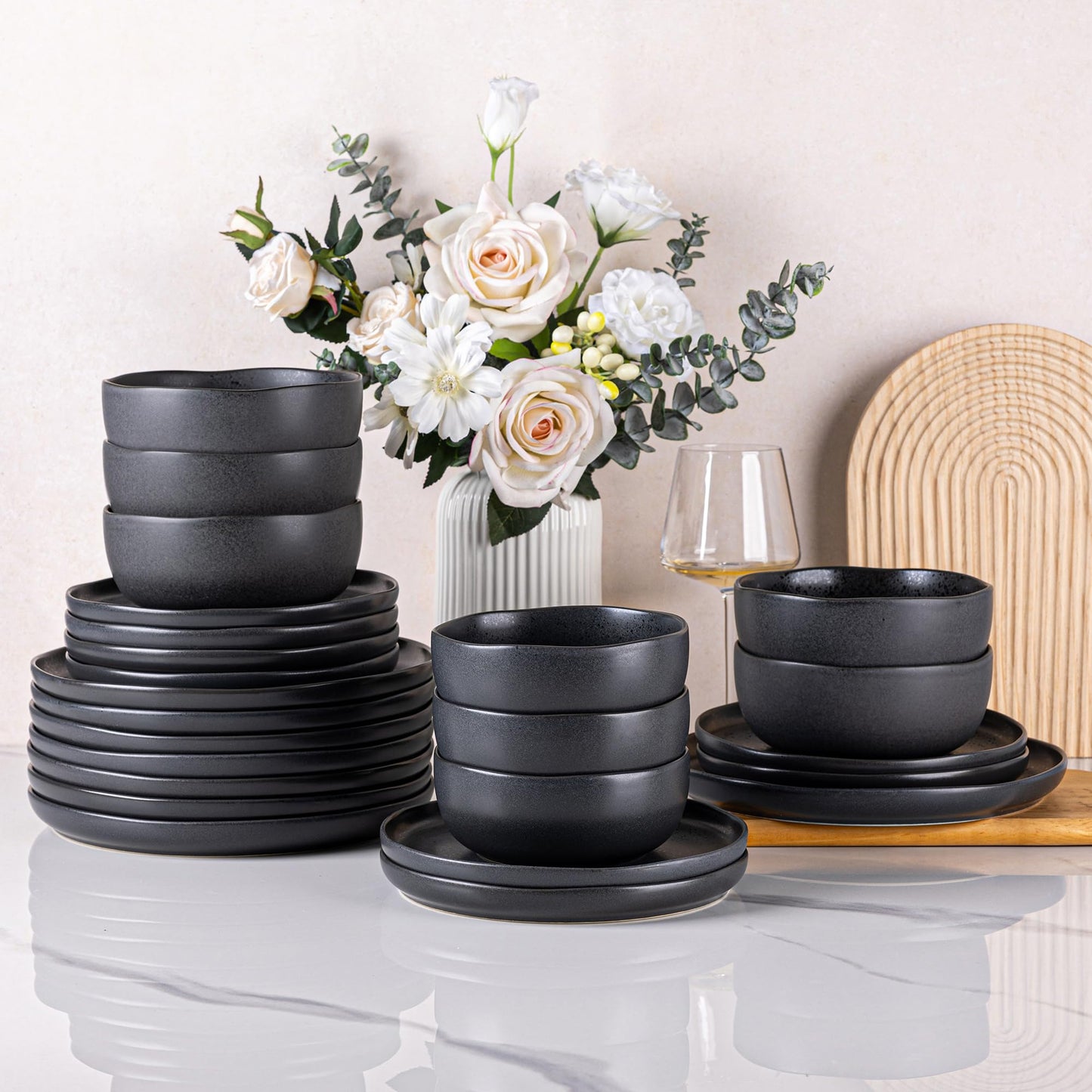AmorArc Ceramic Dinnerware Sets, Wavy Rim Stoneware Plates and Bowls Sets, Highly Chip and Crack Resistant | Dishwasher & Microwave & Oven Safe Dishes set, Service for 4 (12pc)