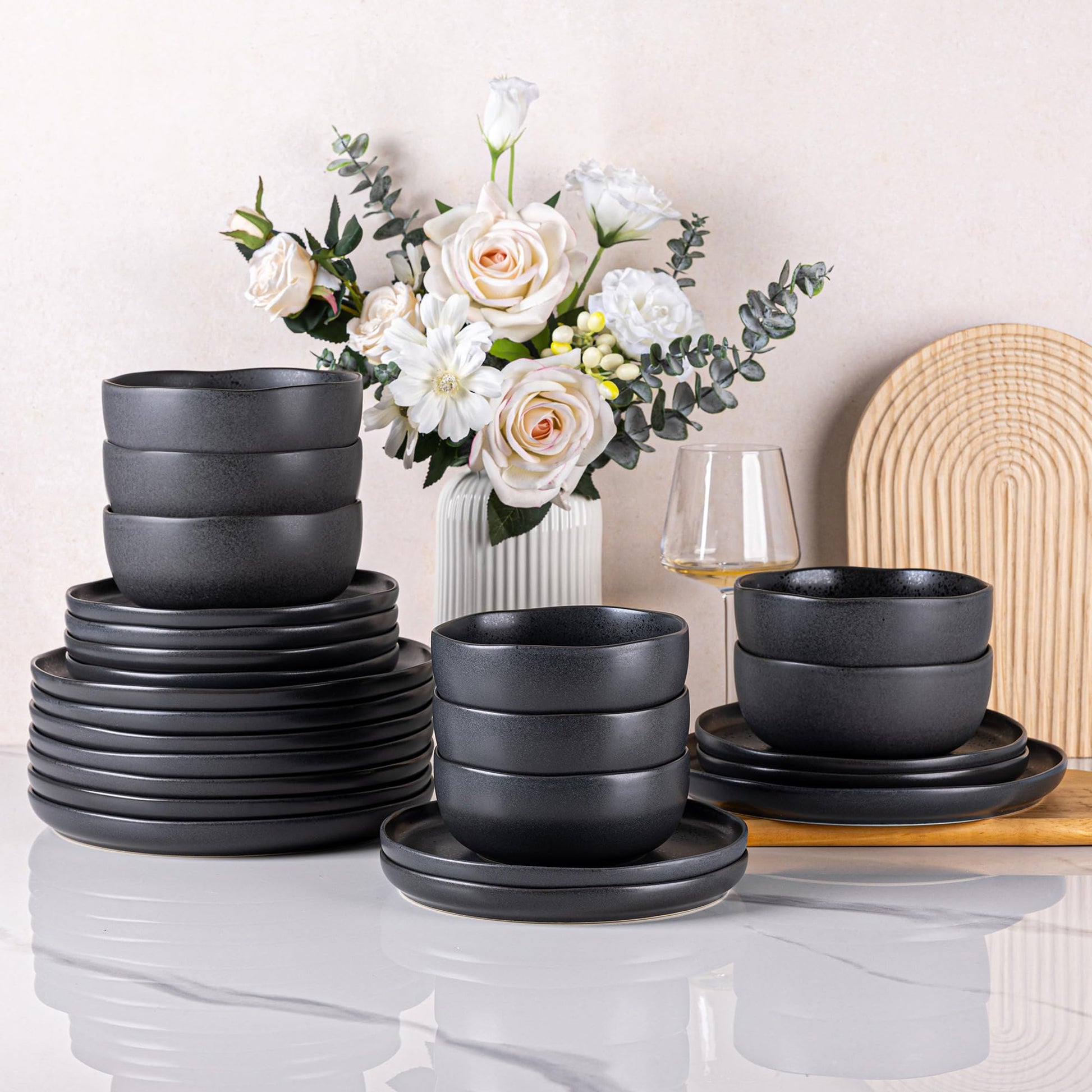 AmorArc Ceramic Dinnerware Sets, Wavy Rim Stoneware Plates and Bowls Sets, Highly Chip and Crack Resistant | Dishwasher & Microwave & Oven Safe Dishes set, Service for 4 (12pc)