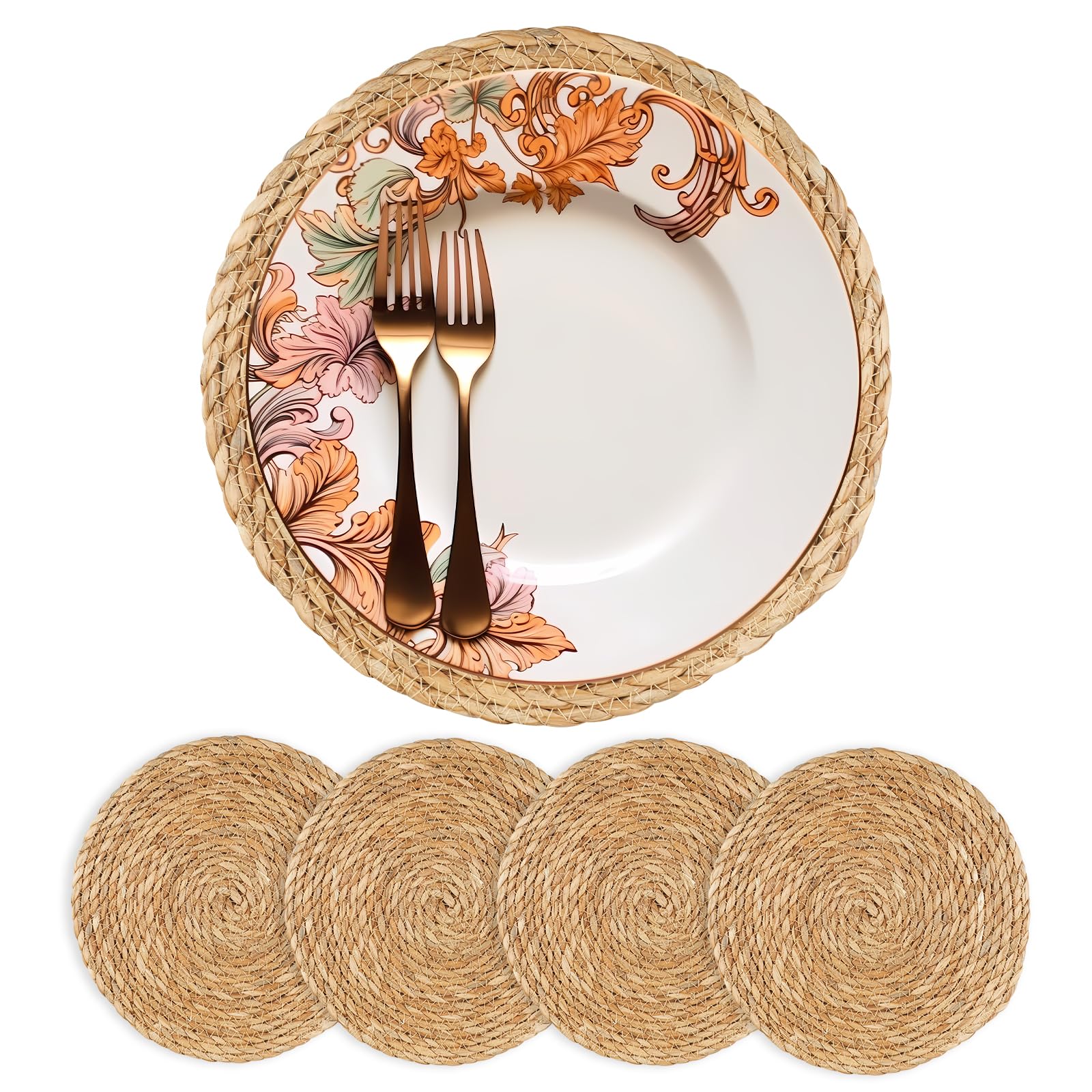 Round Woven Placemats 12 inch Set of 10 - Boho Rattan Placemats Natural Water Hyacinth Placemat, Farmhouse Weave Place Mats, Rustic Braided Wicker Table Mats for Dining Table,Home,Wedding