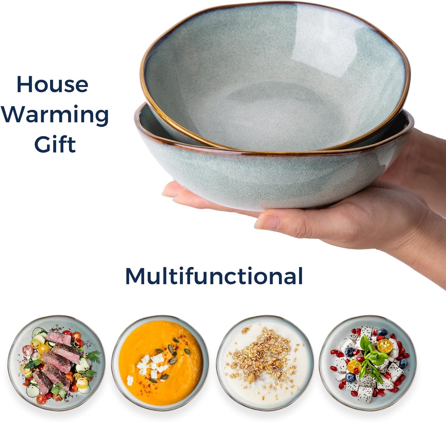 AmorArc Ceramic Cereal Bowls Set of 6, 24 oz Handmade Stoneware Bowls for Cereal Soup Salad Bread, Stylish Kitchen Bowls for Meal, Dishwasher & Microwave Safe, Ocean Blue