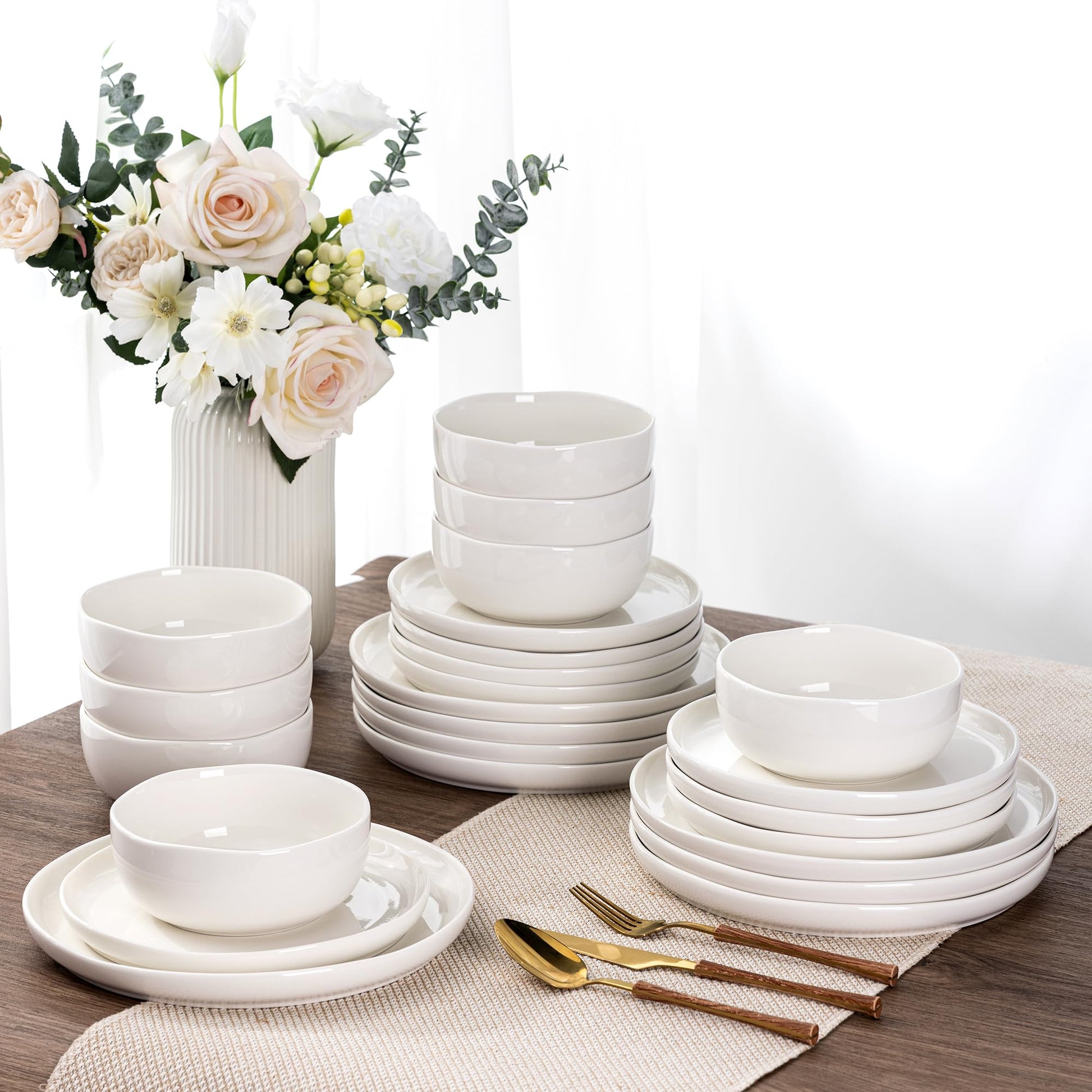 LeRatio Ceramic Dinnerware Sets for 4,12-Piece Plates and Bowls,Handmade Reactive Glaze Dishes Set,Chip Resistant and Scratch Resistant | Oven Dishwasher & Microwave Safe,Service for 4-Kahki