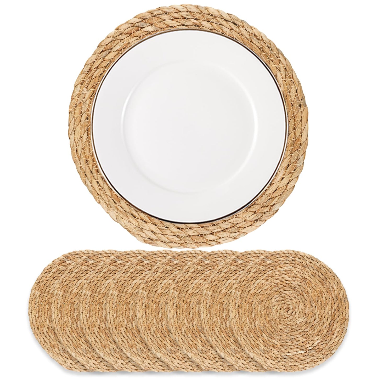Round Woven Placemats 12 inch Set of 10 - Boho Rattan Placemats Natural Water Hyacinth Placemat, Farmhouse Weave Place Mats, Rustic Braided Wicker Table Mats for Dining Table,Home,Wedding
