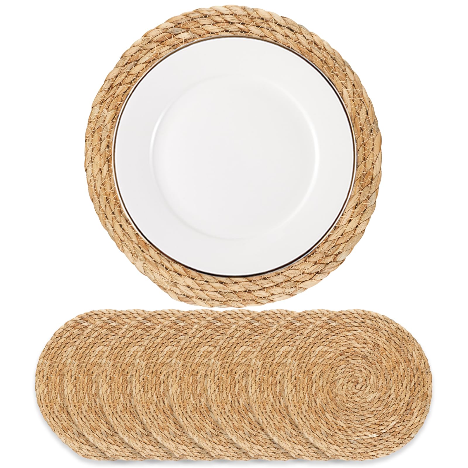 Round Woven Placemats 12 inch Set of 10 - Boho Rattan Placemats Natural Water Hyacinth Placemat, Farmhouse Weave Place Mats, Rustic Braided Wicker Table Mats for Dining Table,Home,Wedding