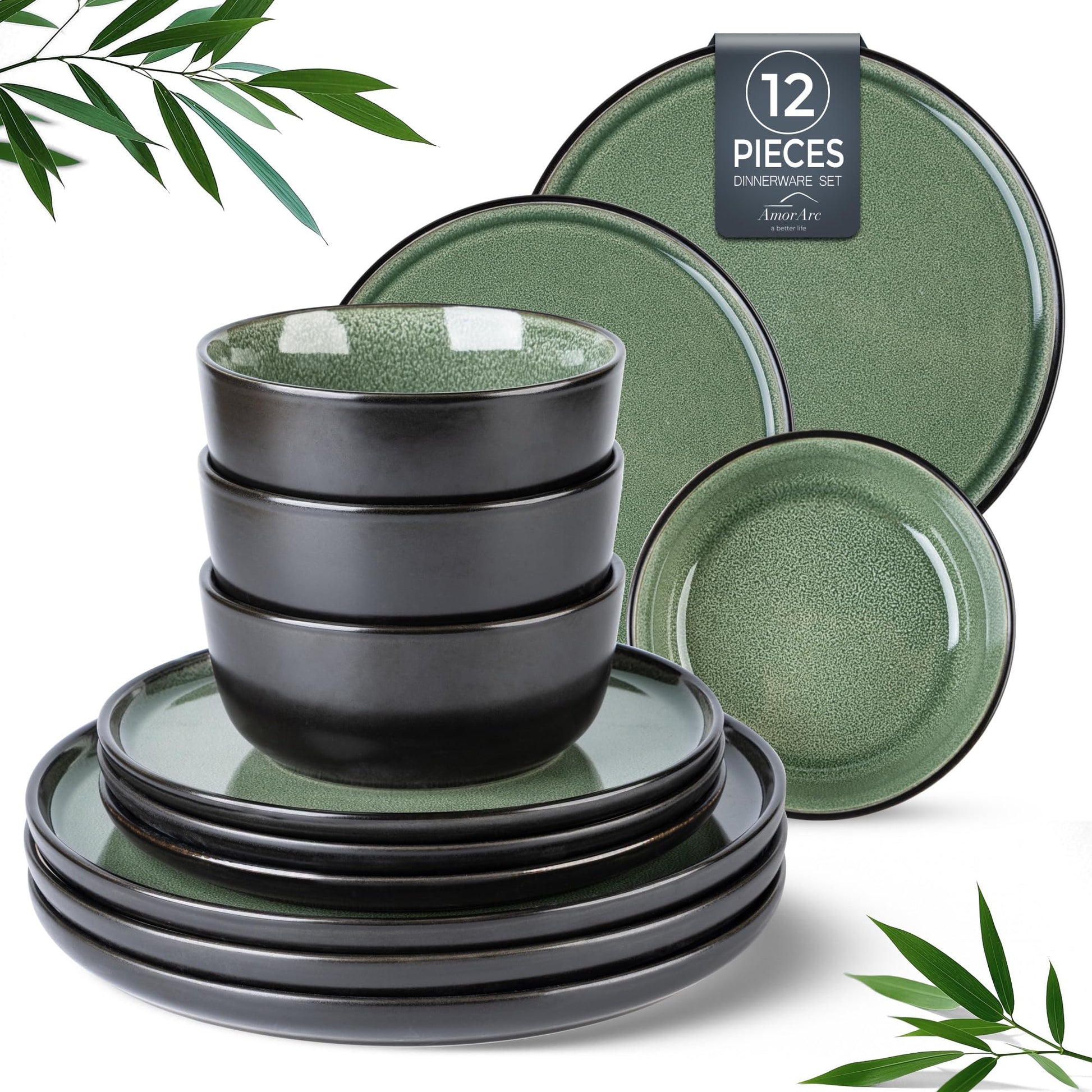 AmorArc Stoneware Dinnerware Sets,Round Reactive Glaze Ceramic Plates and Bowls Set,Highly Chip and Crack Resistant | Dishwasher & Microwave Safe Dishes,Service for 4 (12pc)