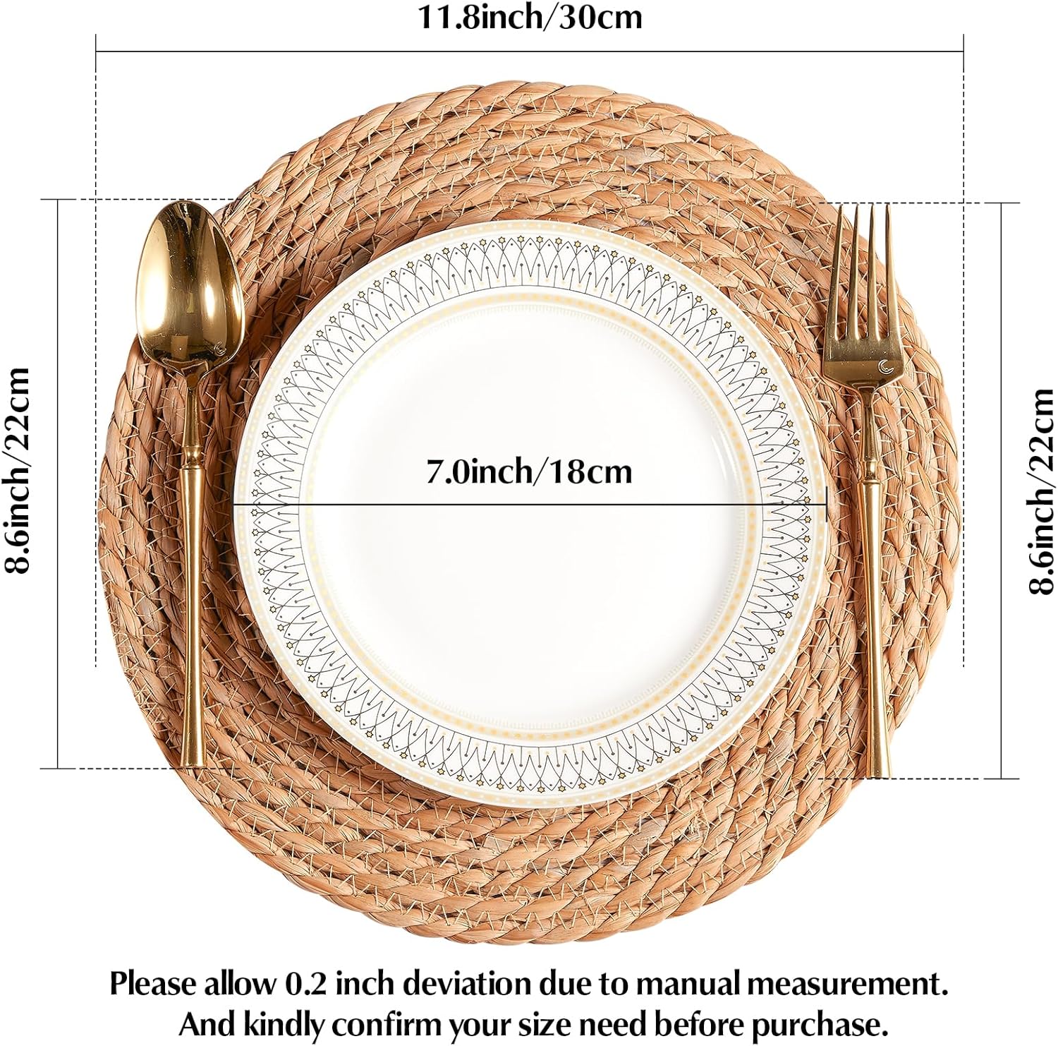 Round Woven Placemats 12 inch Set of 10 - Boho Rattan Placemats Natural Water Hyacinth Placemat, Farmhouse Weave Place Mats, Rustic Braided Wicker Table Mats for Dining Table,Home,Wedding