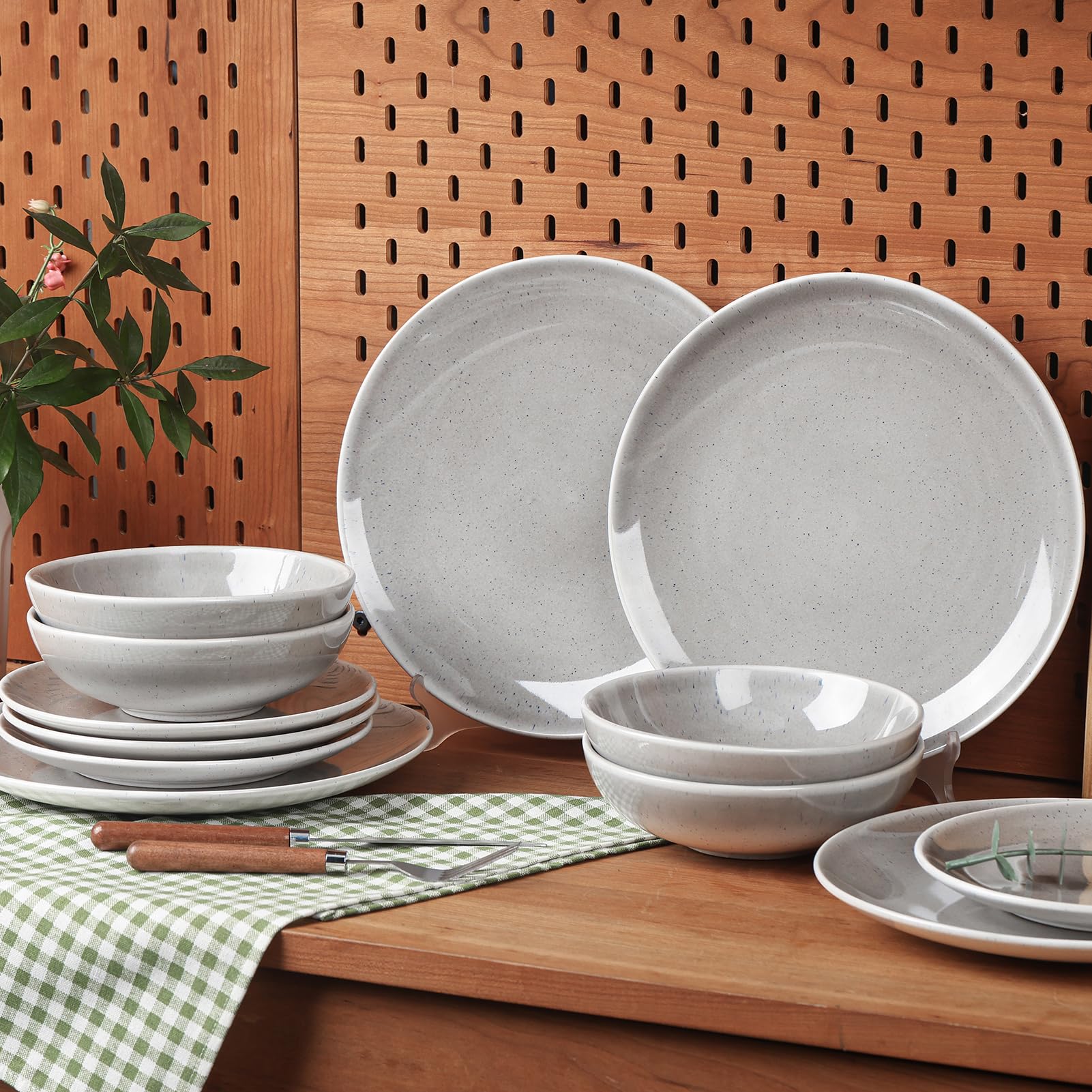 CQN&ZXD Ceramic Dinnerware Sets for 4, 12 Pieces, Handcrafted Stoneware Plates and Bowls Sets with Flowing Glaze, Microwave & Dishwasher Safe Dishes Sets, Modern Style, Elegant Grey & Wave Blue