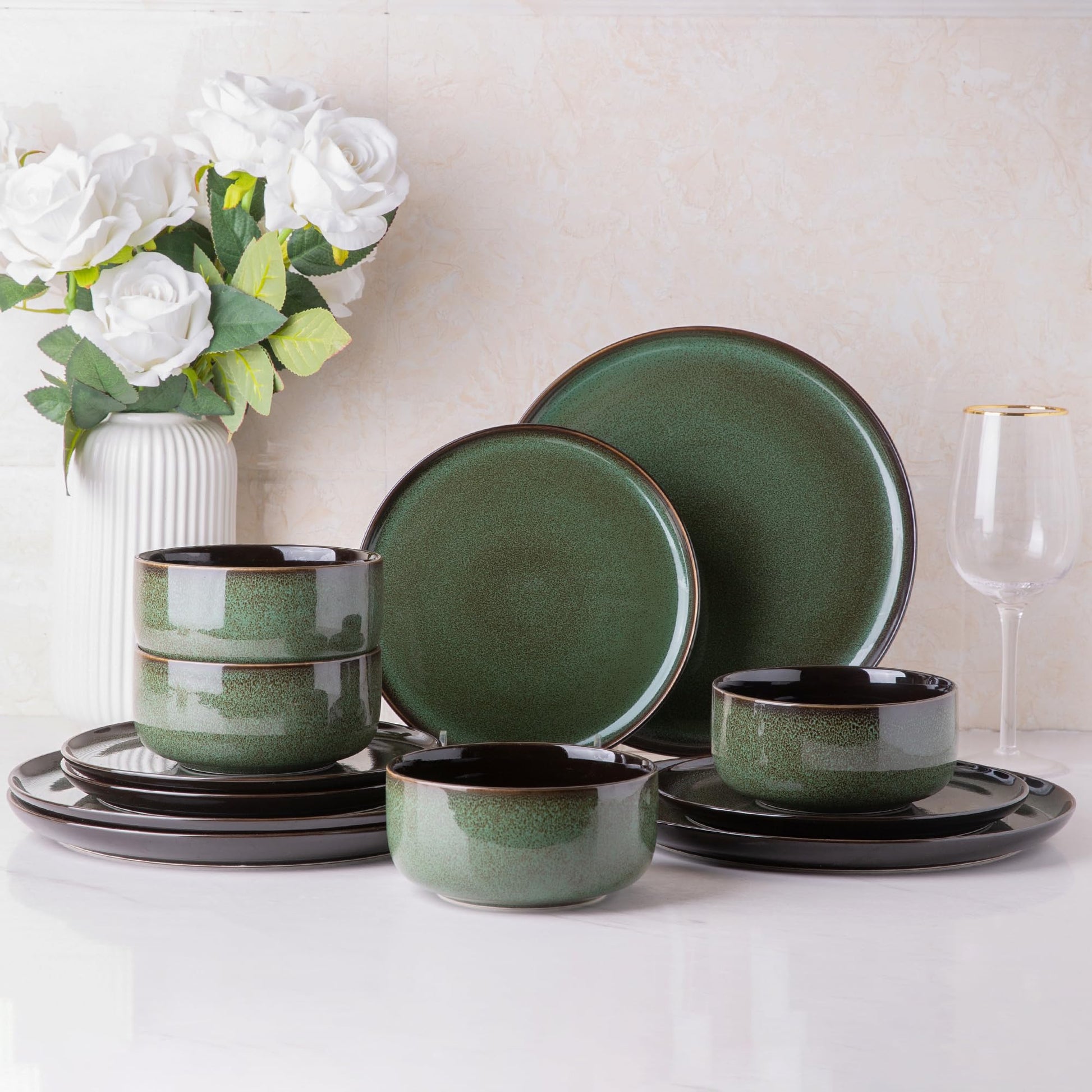 LeRatio Ceramic Dinnerware Sets for 4,12-Piece Plates and Bowls,Handmade Reactive Glaze Dishes Set,Chip Resistant and Scratch Resistant | Oven Dishwasher & Microwave Safe,Service for 4-Kahki