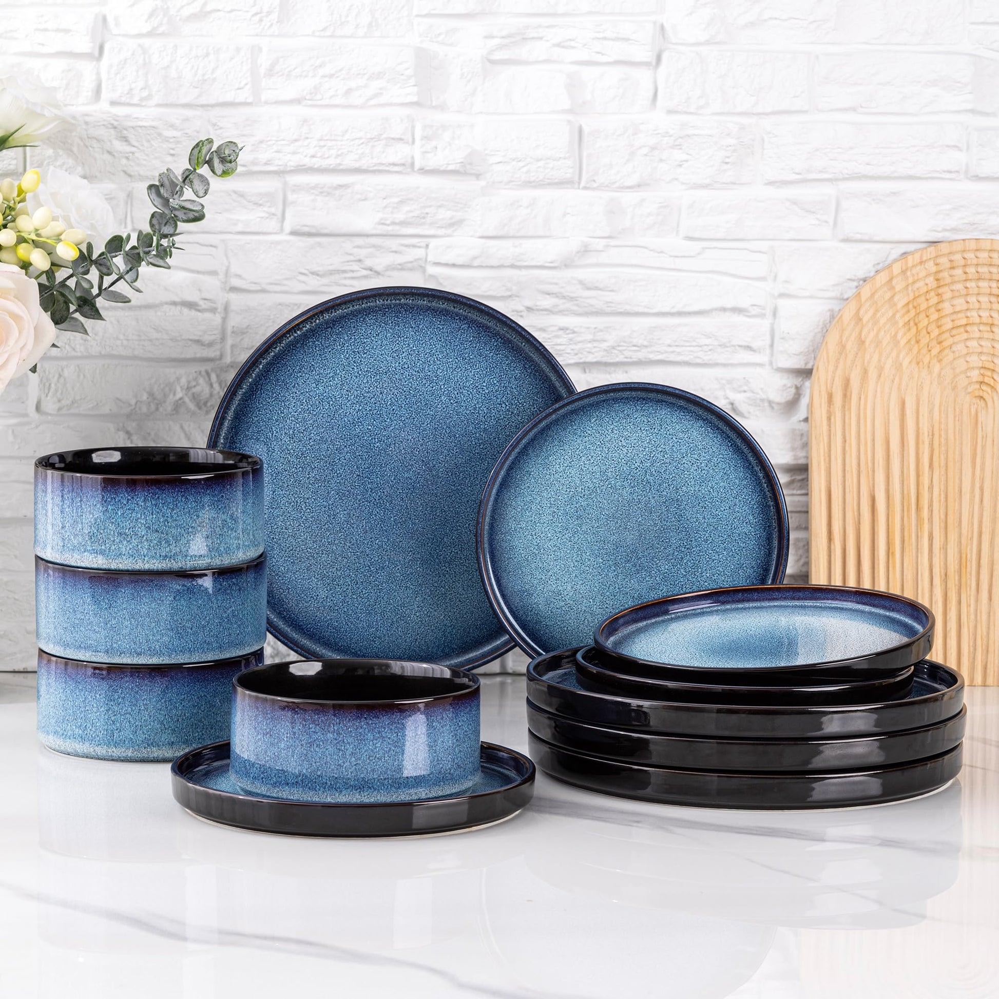 LERATIO Ceramic Dinnerware Sets for 4,Round Reactive Glaze Ceramic Plates and Bowls Set,Highly Chip and Crack Resistant | Dishwasher & Microwave Safe Dishes Set,Service for 4 (12pc)-Gray White