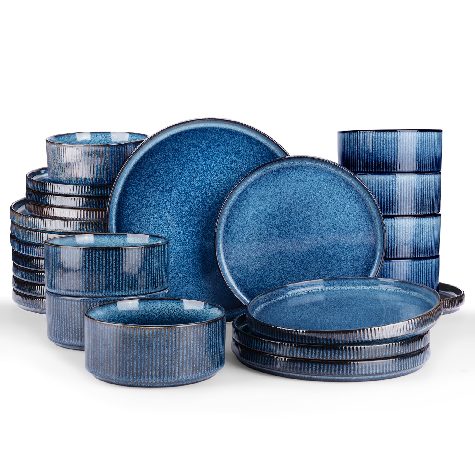 Famiware Star Dinnerware Sets, Plates and Bowls Set for 4, 12 Pieces Ribbed Dishes - Chip and Scratch Resistant, Microwave and Dishwasher Safe Tableware, Smoky Blue