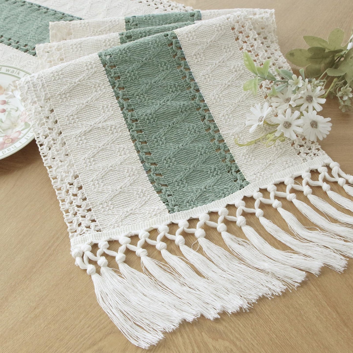 FEXIA Boho Table Runner for Fall Home Decor with Tassels 72 Inches Long Farmhouse Rustic Table Runner Macrame Burlap Table Decoration for Living Room Bridal Shower(12x72 Inches)