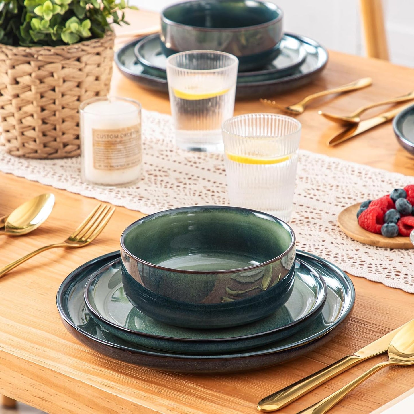 vancasso Starry 12 Pieces Dinnerware Sets for 4, Green Reactive Glaze Dishes Sets, Ceramic Plates and Bowls Set, Dinner Salad Dessert Plates, and Cereal Bowls Set, Dishwasher and Microwave Safe