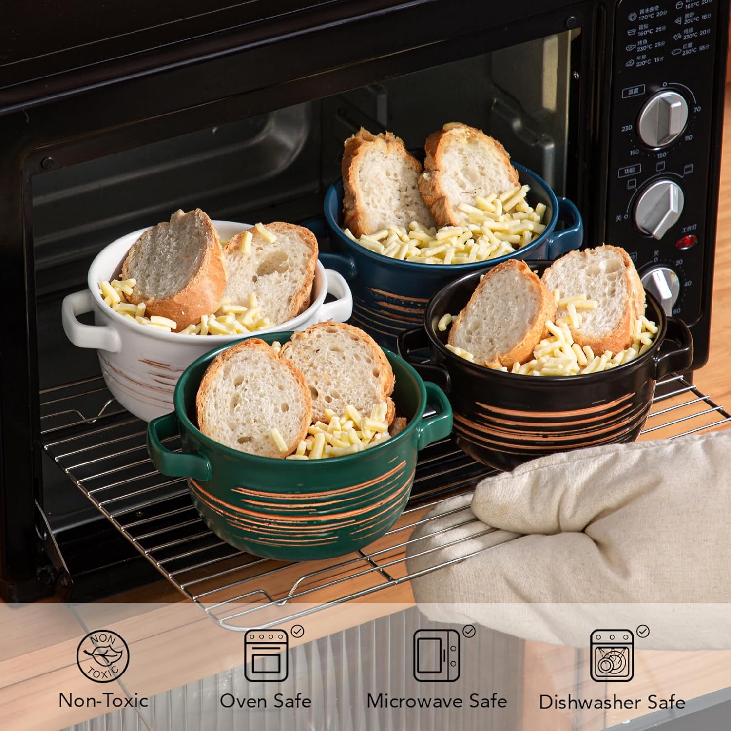 YUN TAO French Onion Soup Bowls with Handles, Ceramic Soup Serving Bowl Crocks 32 Ounces for Cereal,Ramen,Chilli, Beef Stew, Pot Pies, Oven Safe, Set of 4