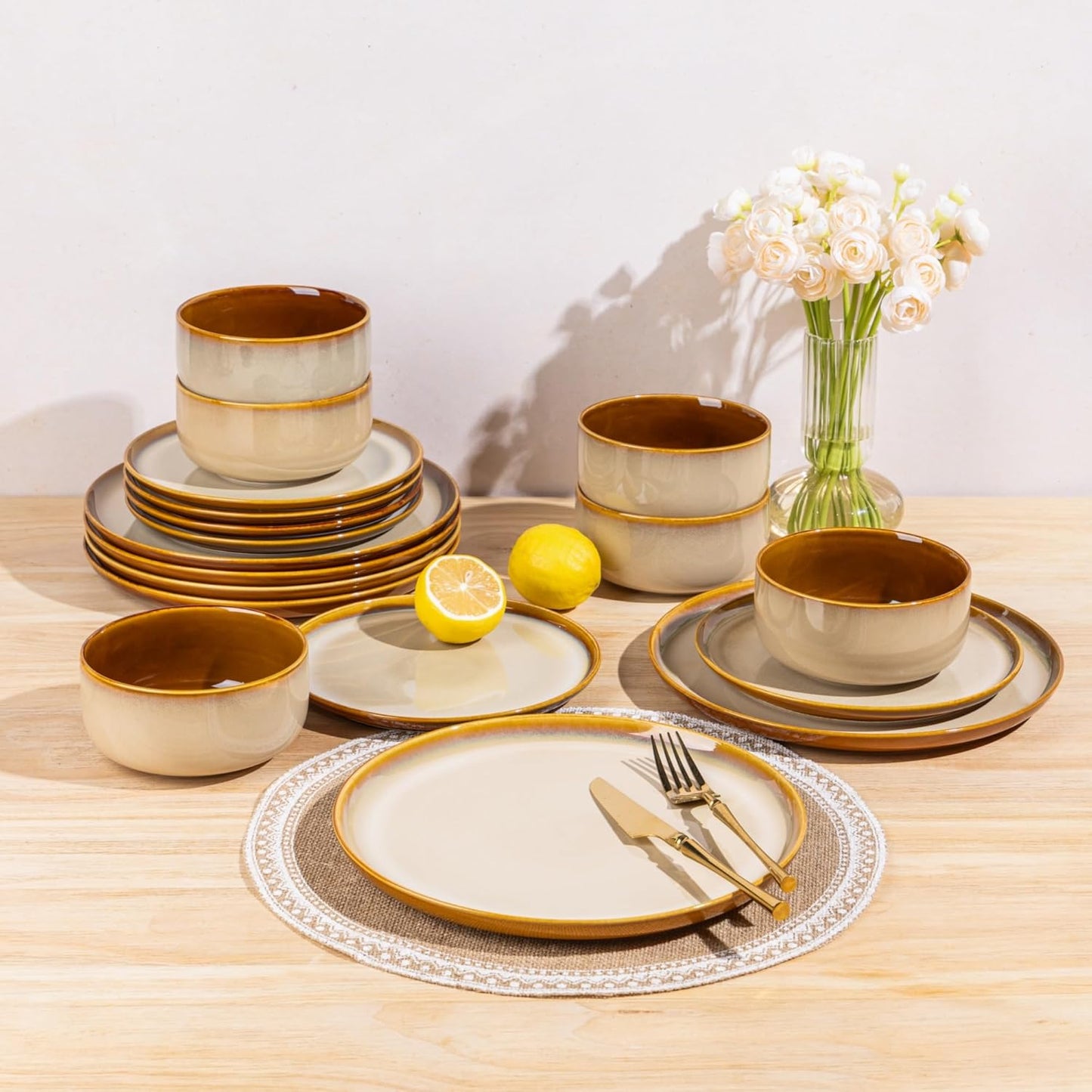 LeRatio Ceramic Dinnerware Sets for 4,12-Piece Plates and Bowls,Handmade Reactive Glaze Dishes Set,Chip Resistant and Scratch Resistant | Oven Dishwasher & Microwave Safe,Service for 4-Kahki
