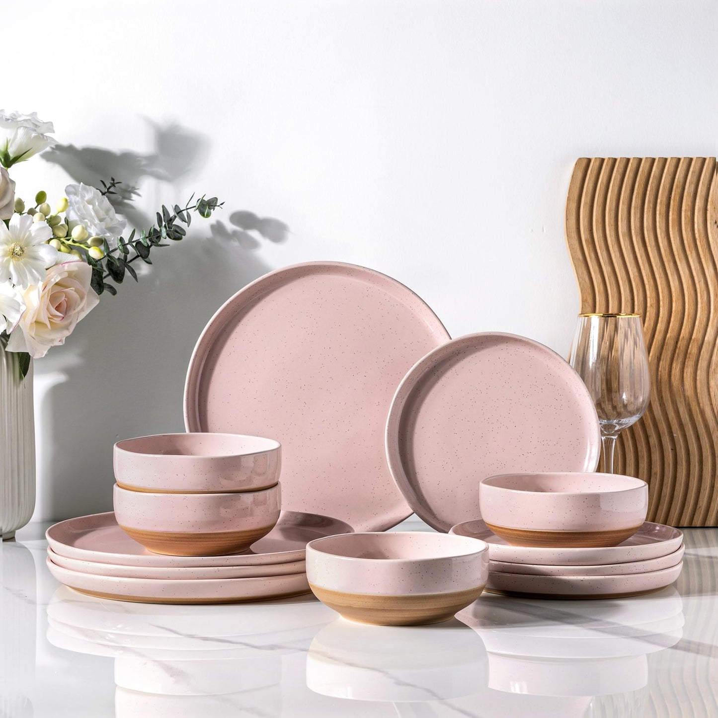 AmorArc Ceramic Dinnerware Sets for 4, 12 Pieces Handpainted Plates and Bowls Set with Rustic Terracotta Underside, Scratch Resistant Stoneware Dishes Set, Dishwasher & Microwave Safe, Gray