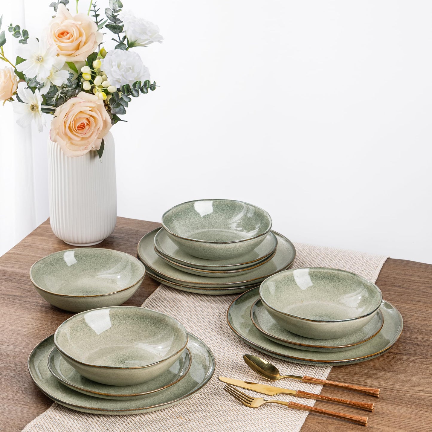 AmorArc Ceramic Dinnerware Sets,Handmade Reactive Glaze Stoneware Plates and Bowls Set,Highly Scratch Resistant Dishes | Dishwasher & Microwave Safe Dishes Set, Service for 6 (18pc)