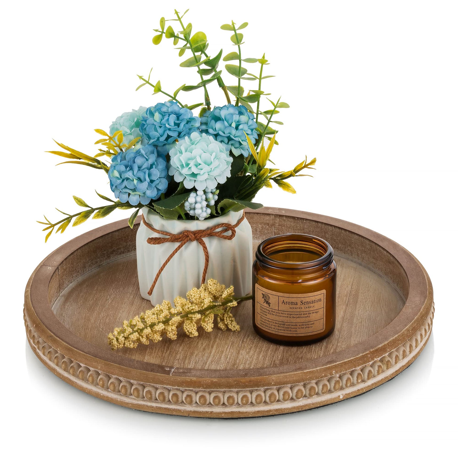 Hanobe Decorative Serving Tray Wood: White Washed Bead Round Tray Decor for Coffee Table Rustic Wooden Trays Farmhouse Centerpiece for Living Room Kitchen Counter