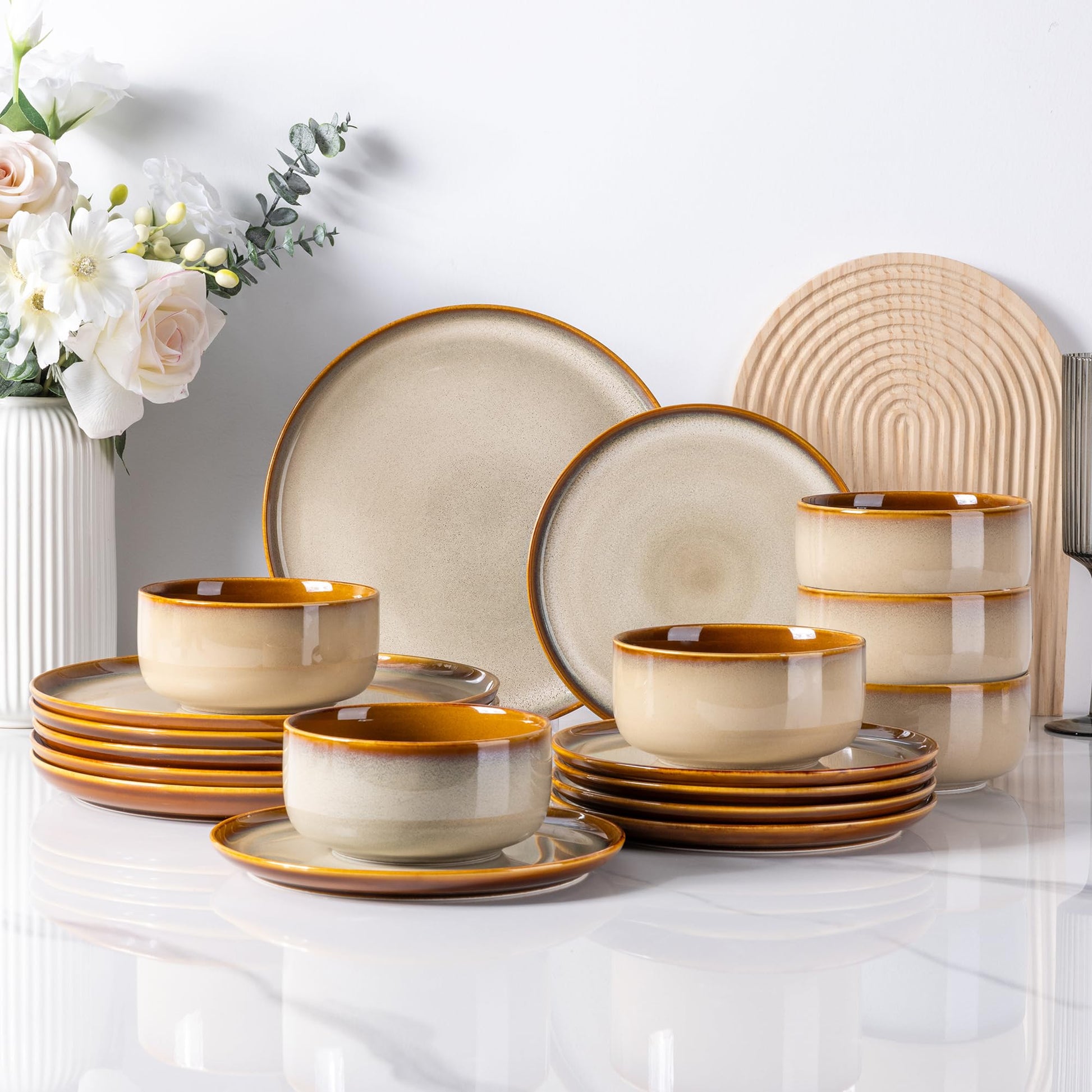 LeRatio Ceramic Dinnerware Sets for 4,12-Piece Plates and Bowls,Handmade Reactive Glaze Dishes Set,Chip Resistant and Scratch Resistant | Oven Dishwasher & Microwave Safe,Service for 4-Kahki