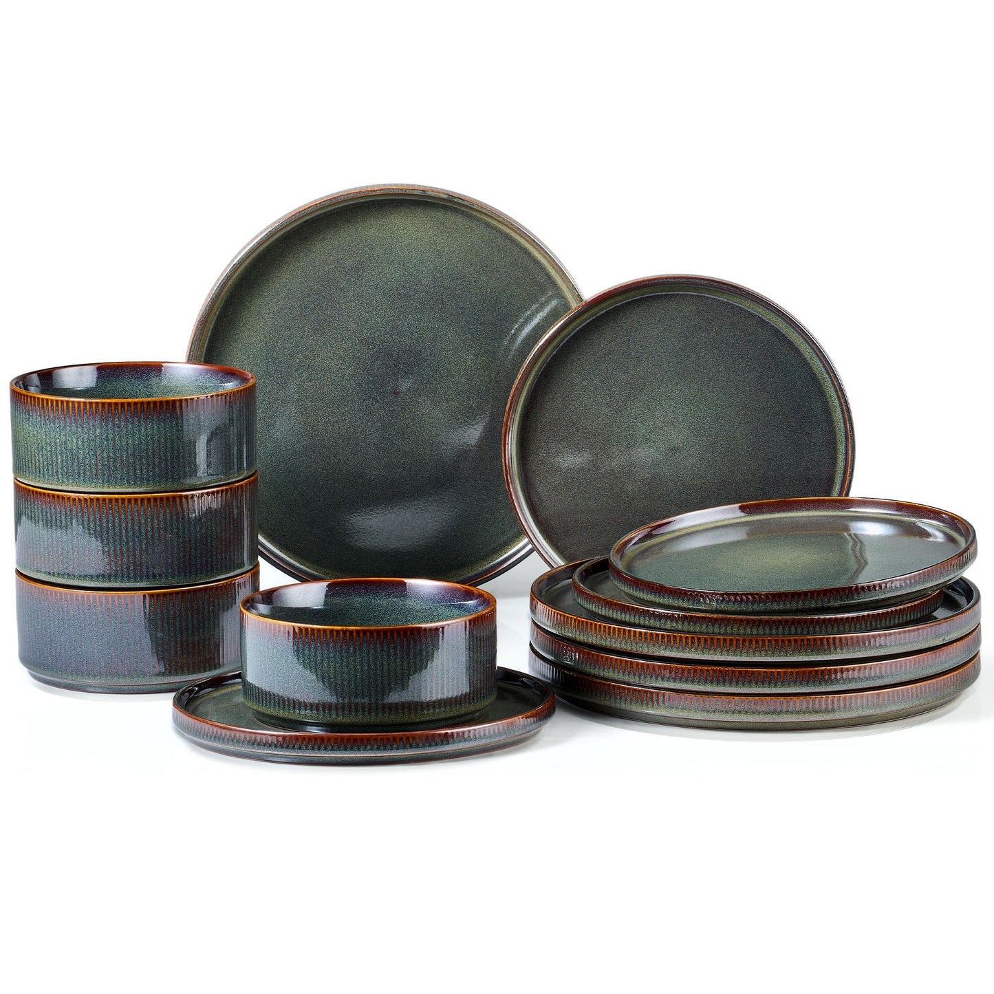 E-far 12-Piece Plates and Bowls Sets, Stoneware Dinnerware Dishes Sets for 4, Kitchen Modern Dining Dishware, Chip & Scratch Resistant, Microwave & Dishwasher Safe, Creamy Beige