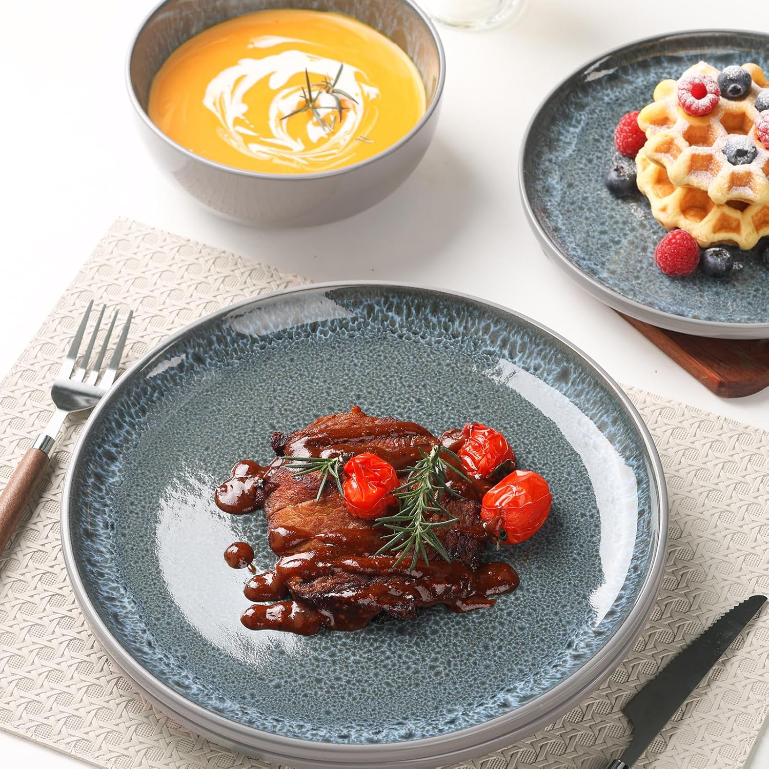 CQN&ZXD Ceramic Dinnerware Sets for 4, 12 Pieces, Handcrafted Stoneware Plates and Bowls Sets with Flowing Glaze, Microwave & Dishwasher Safe Dishes Sets, Modern Style, Elegant Grey & Wave Blue