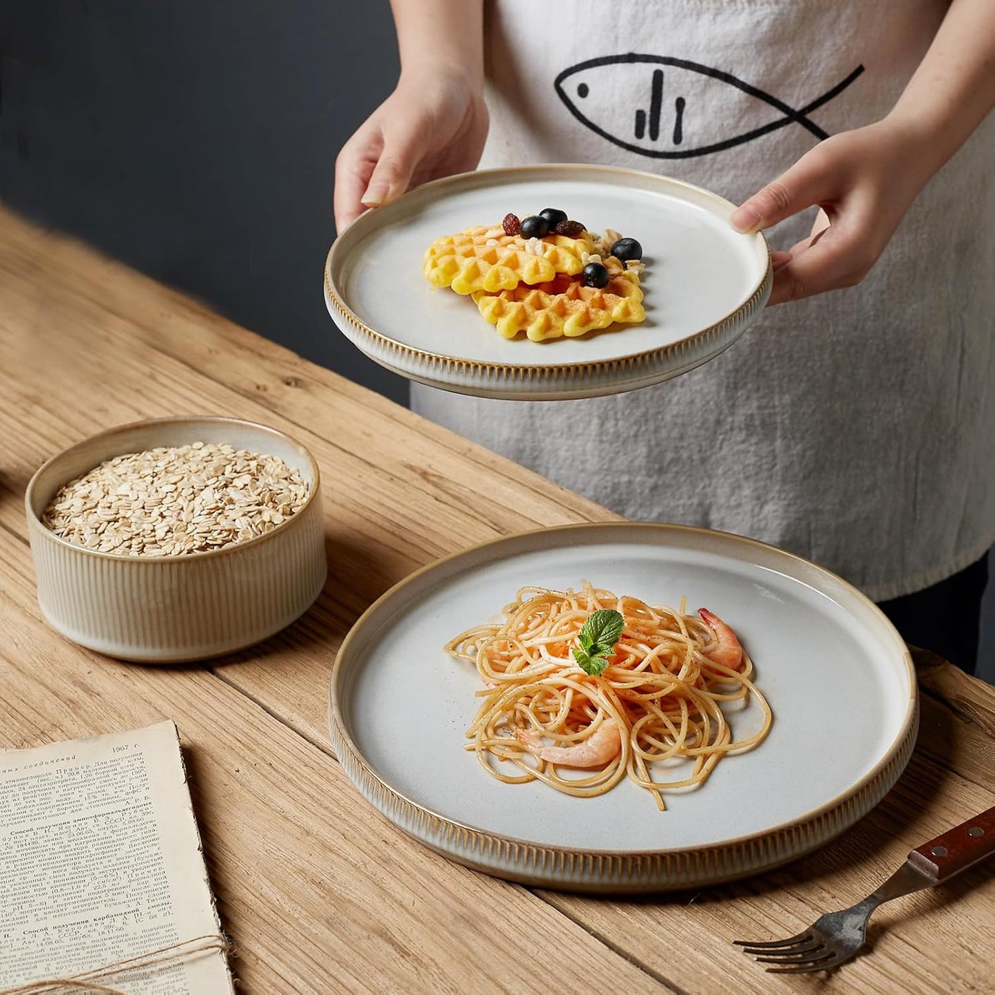 famiware Star Salad Plates for 6, 8 inches Plate Set, Stoneware Dinnerware, Small Dinner Plates for Dessert, Salad, Appetizer, Cappuccino White
