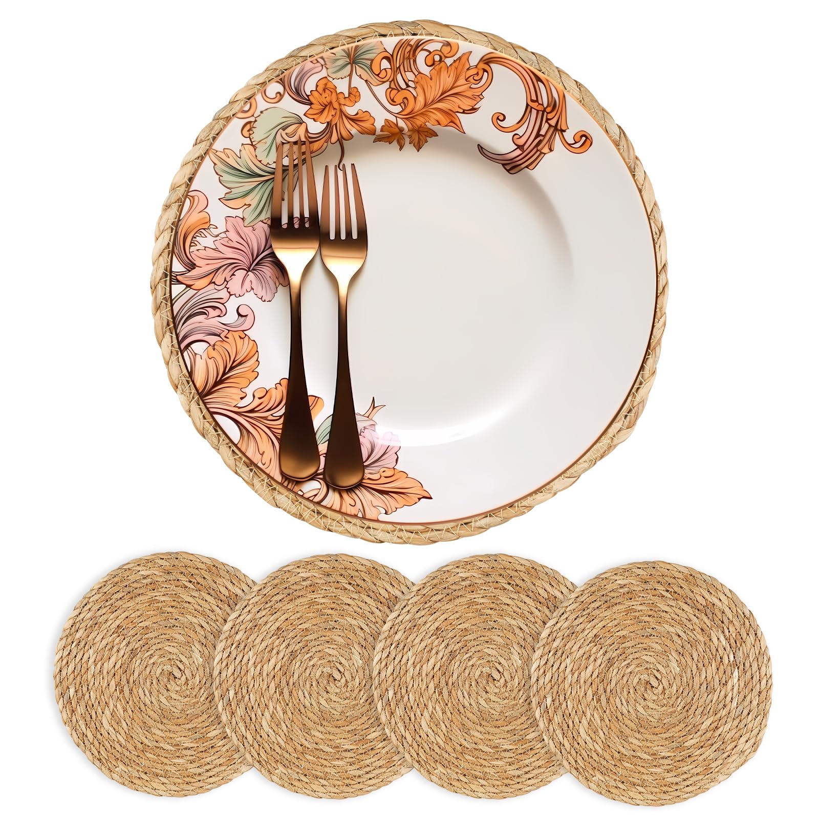 Round Woven Placemats 12 inch Set of 10 - Boho Rattan Placemats Natural Water Hyacinth Placemat, Farmhouse Weave Place Mats, Rustic Braided Wicker Table Mats for Dining Table,Home,Wedding