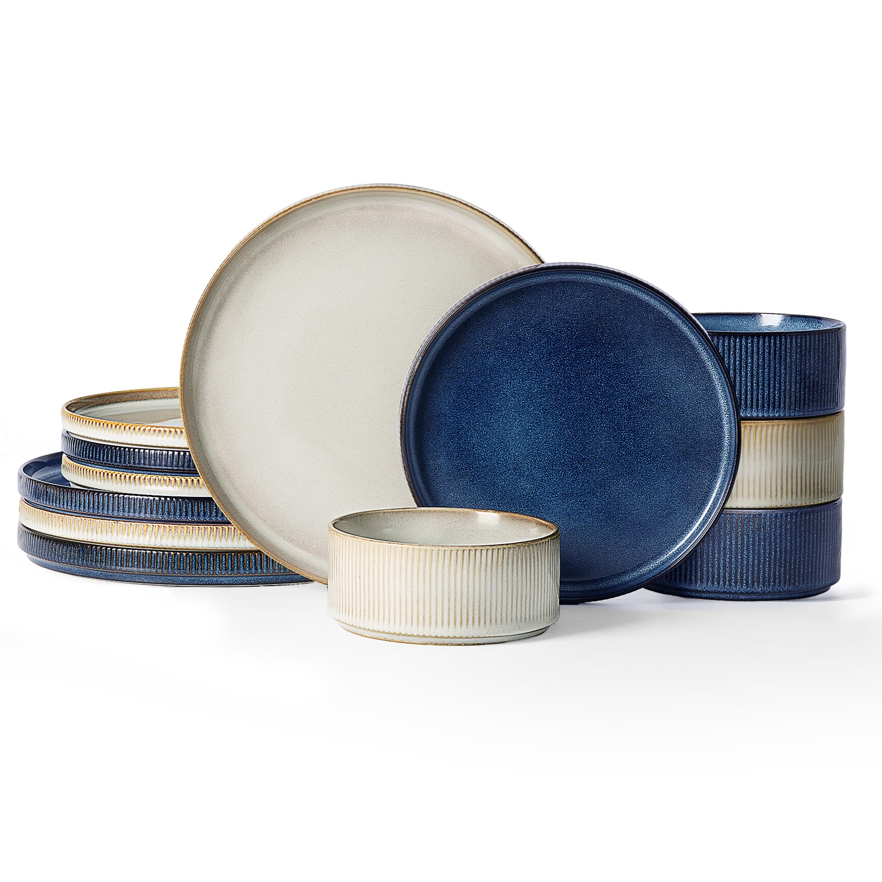 Famiware Star Dinnerware Sets, Plates and Bowls Set for 4, 12 Pieces Ribbed Dishes - Chip and Scratch Resistant, Microwave and Dishwasher Safe Tableware, Smoky Blue