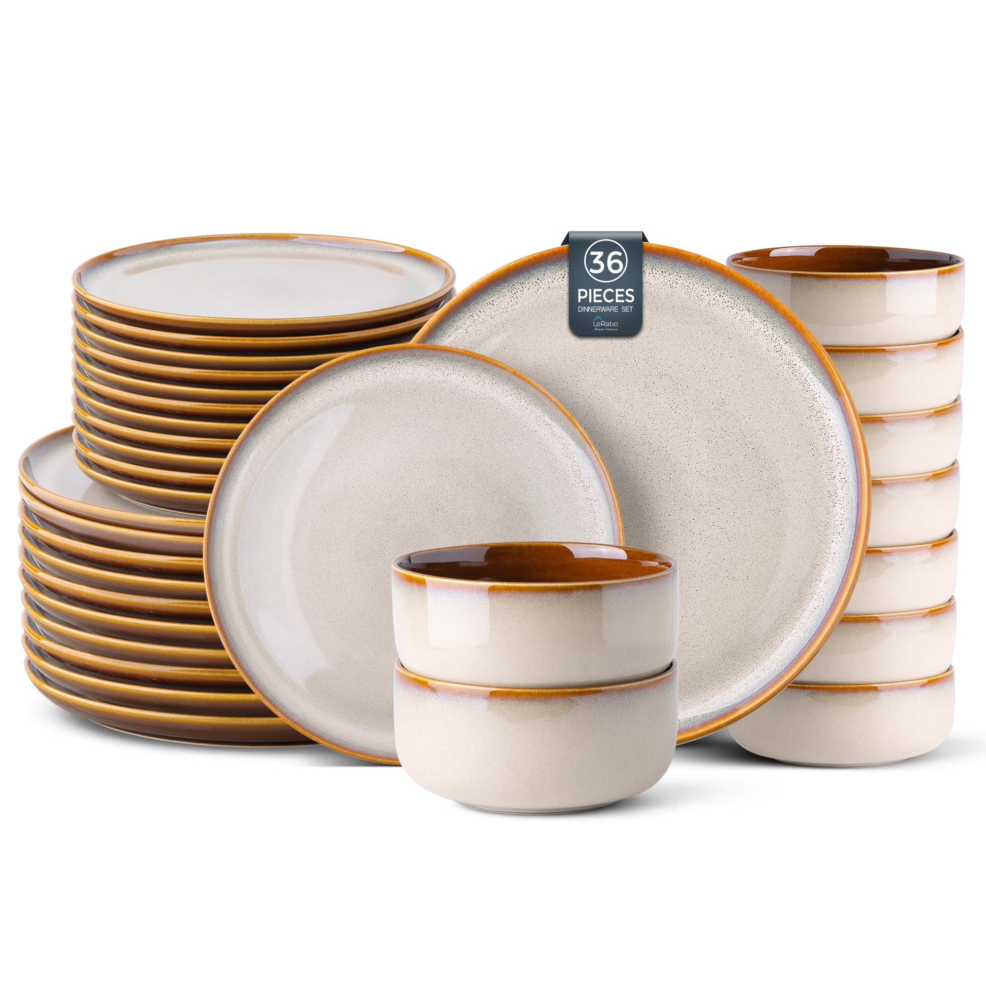 LeRatio Ceramic Dinnerware Sets for 4,12-Piece Plates and Bowls,Handmade Reactive Glaze Dishes Set,Chip Resistant and Scratch Resistant | Oven Dishwasher & Microwave Safe,Service for 4-Kahki