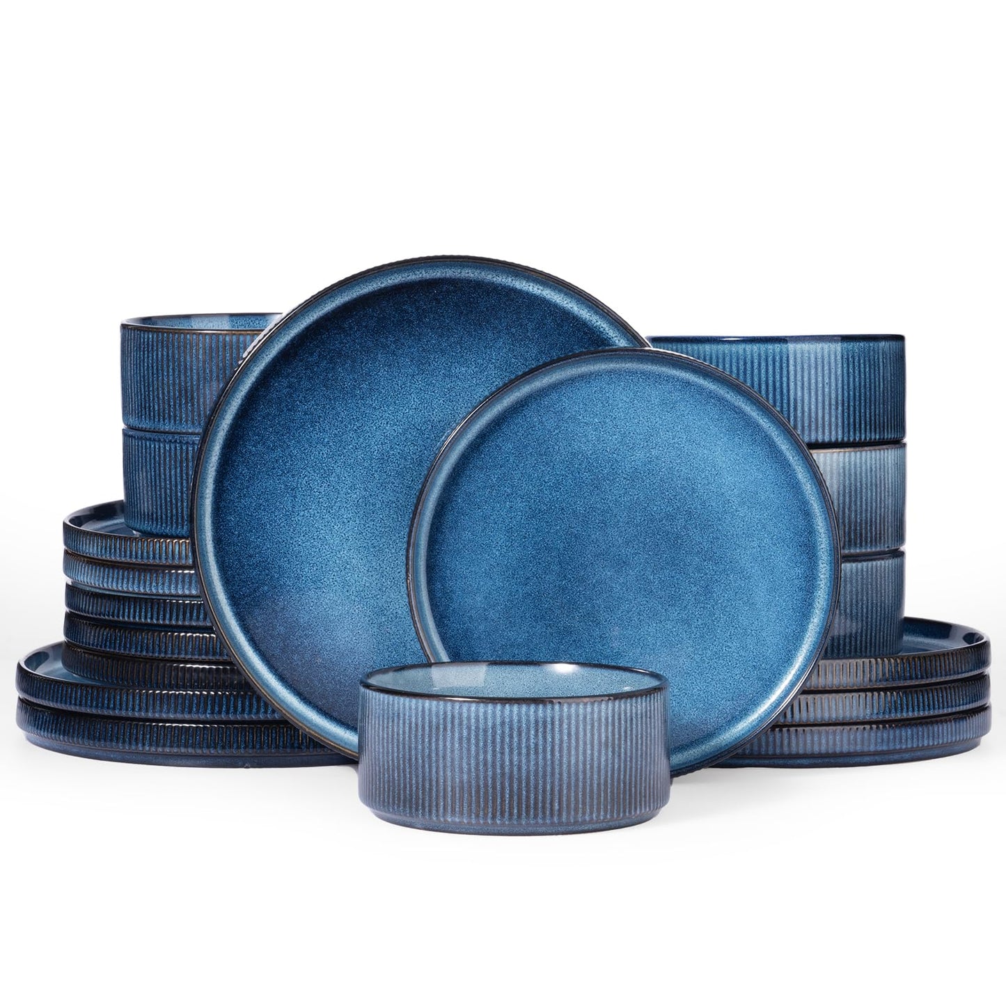 Famiware Star Dinnerware Sets, Plates and Bowls Set for 4, 12 Pieces Ribbed Dishes - Chip and Scratch Resistant, Microwave and Dishwasher Safe Tableware, Smoky Blue