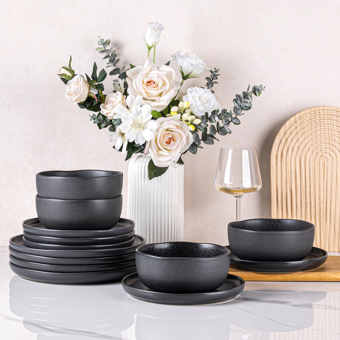 AmorArc Ceramic Dinnerware Sets, Wavy Rim Stoneware Plates and Bowls Sets, Highly Chip and Crack Resistant | Dishwasher & Microwave & Oven Safe Dishes set, Service for 4 (12pc)