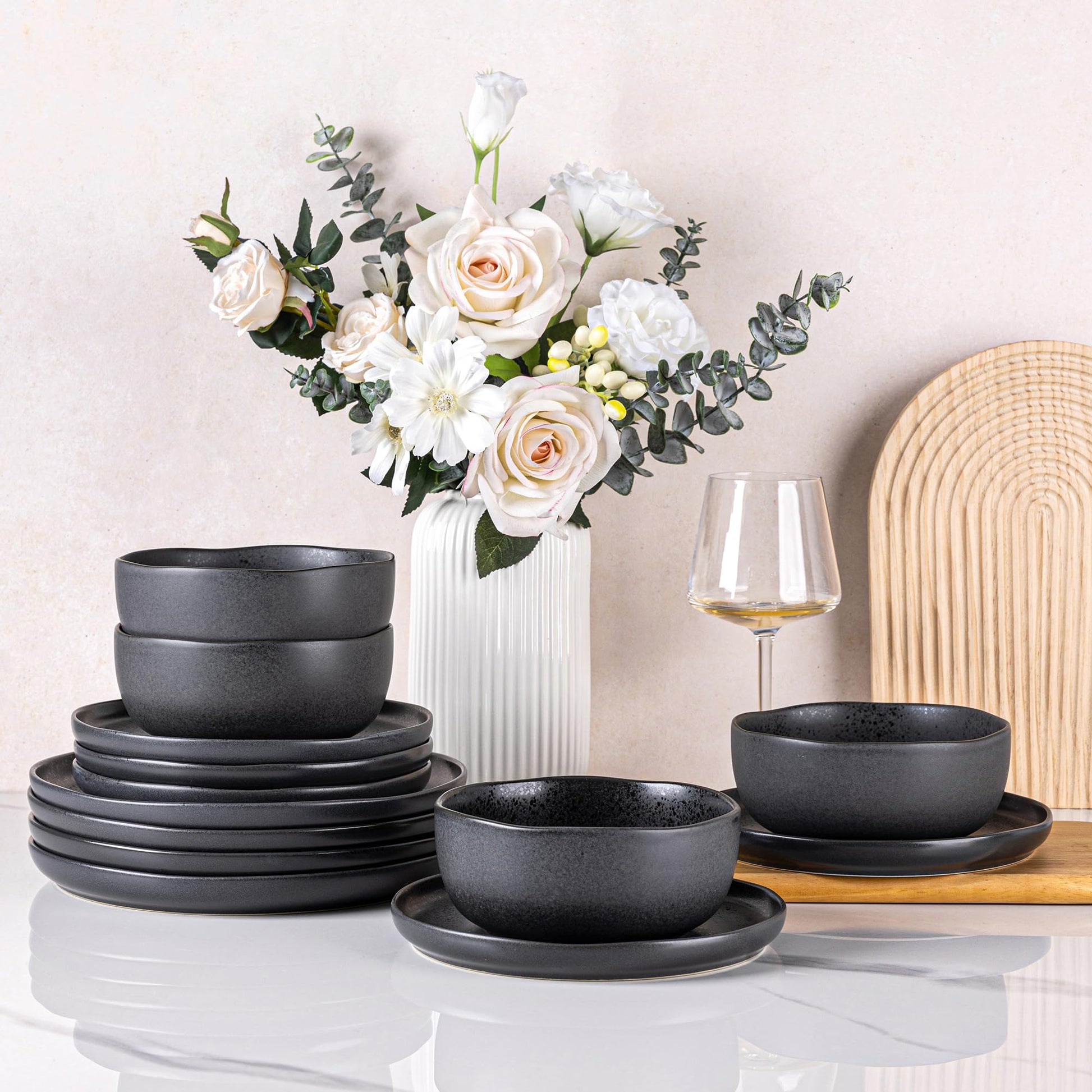 AmorArc Ceramic Dinnerware Sets, Wavy Rim Stoneware Plates and Bowls Sets, Highly Chip and Crack Resistant | Dishwasher & Microwave & Oven Safe Dishes set, Service for 4 (12pc)