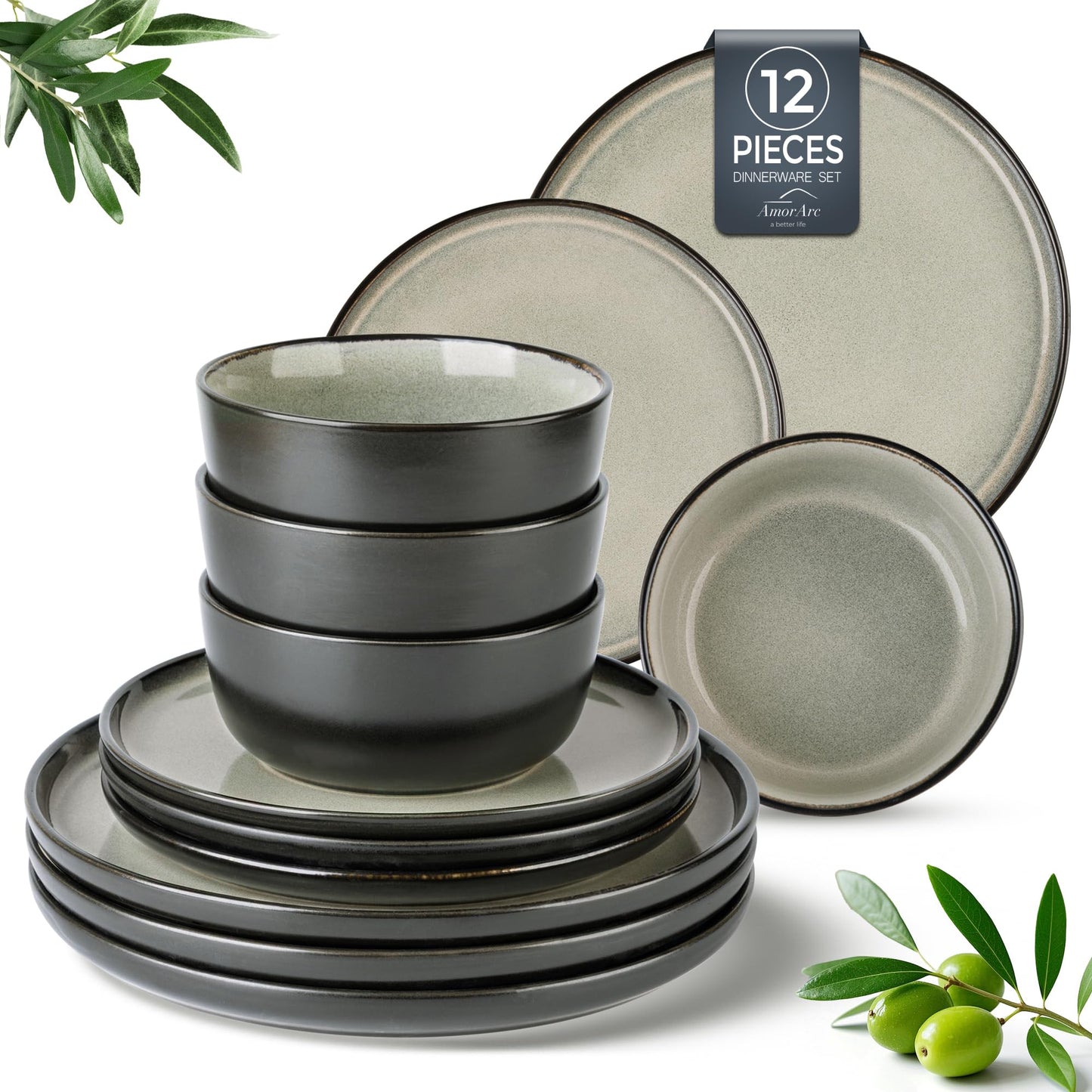AmorArc Stoneware Dinnerware Sets,Round Reactive Glaze Ceramic Plates and Bowls Set,Highly Chip and Crack Resistant | Dishwasher & Microwave Safe Dishes,Service for 4 (12pc)
