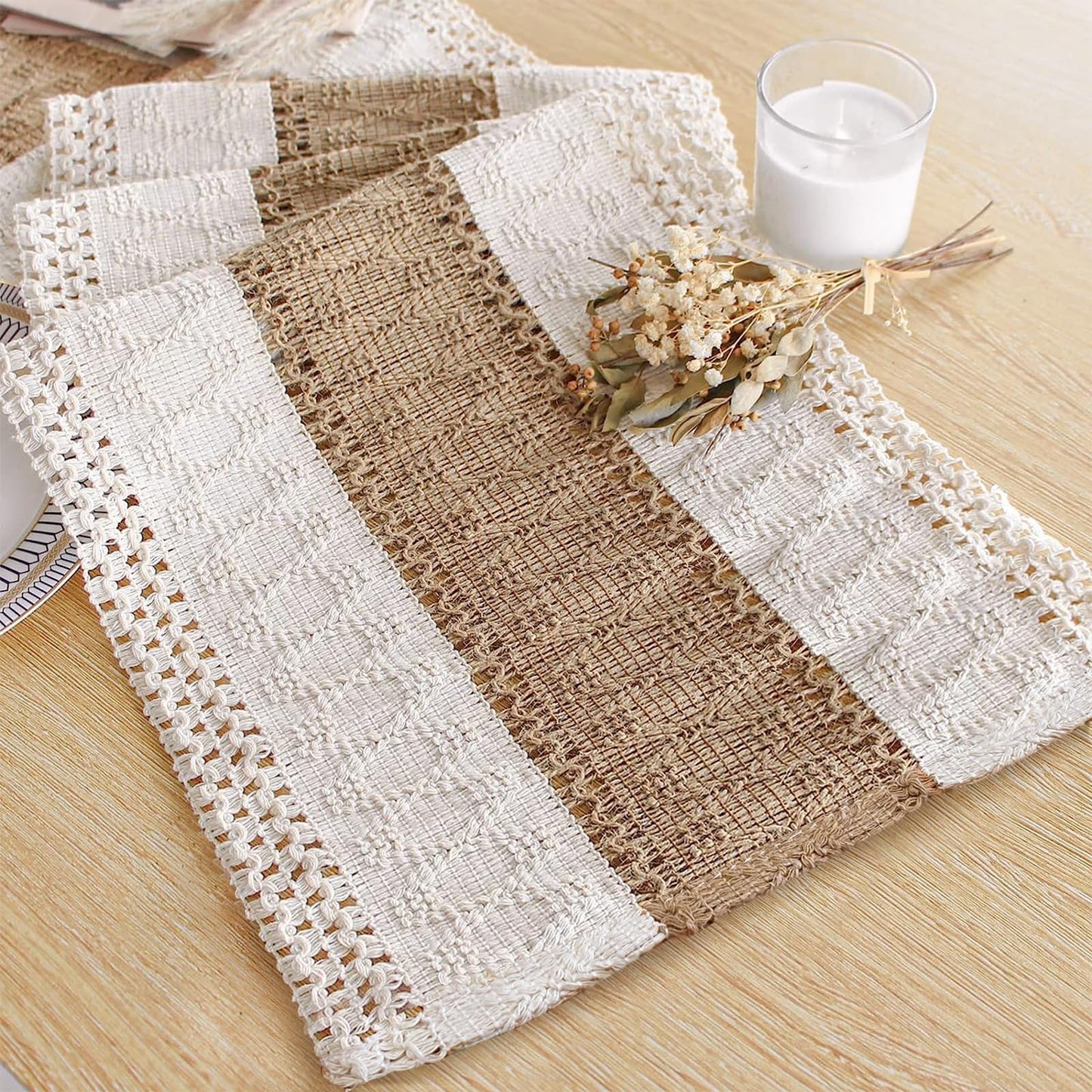 FEXIA Boho Table Runner for Fall Home Decor with Tassels 72 Inches Long Farmhouse Rustic Table Runner Macrame Burlap Table Decoration for Living Room Bridal Shower(12x72 Inches)