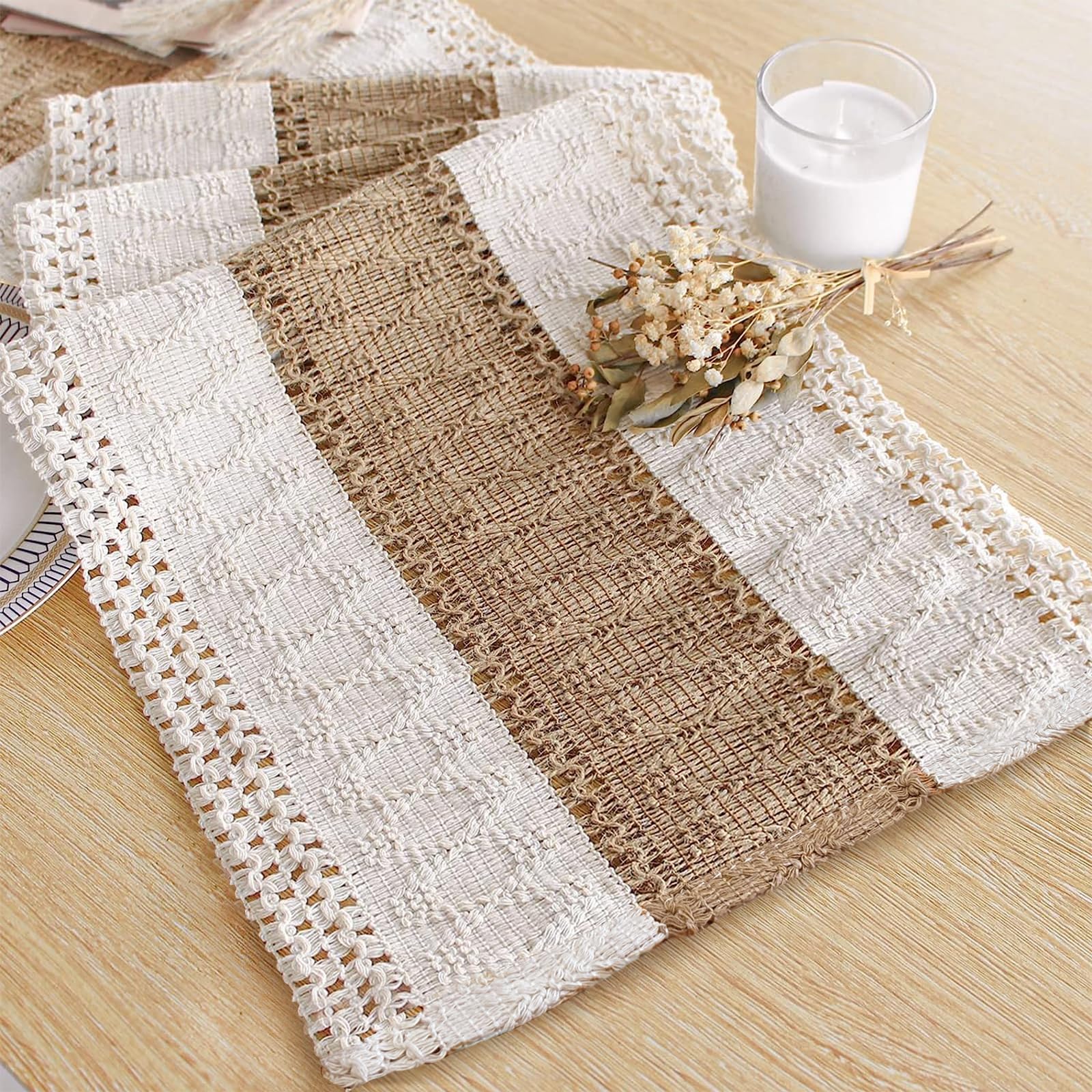 FEXIA Boho Table Runner for Fall Home Decor with Tassels 72 Inches Long Farmhouse Rustic Table Runner Macrame Burlap Table Decoration for Living Room Bridal Shower(12x72 Inches)
